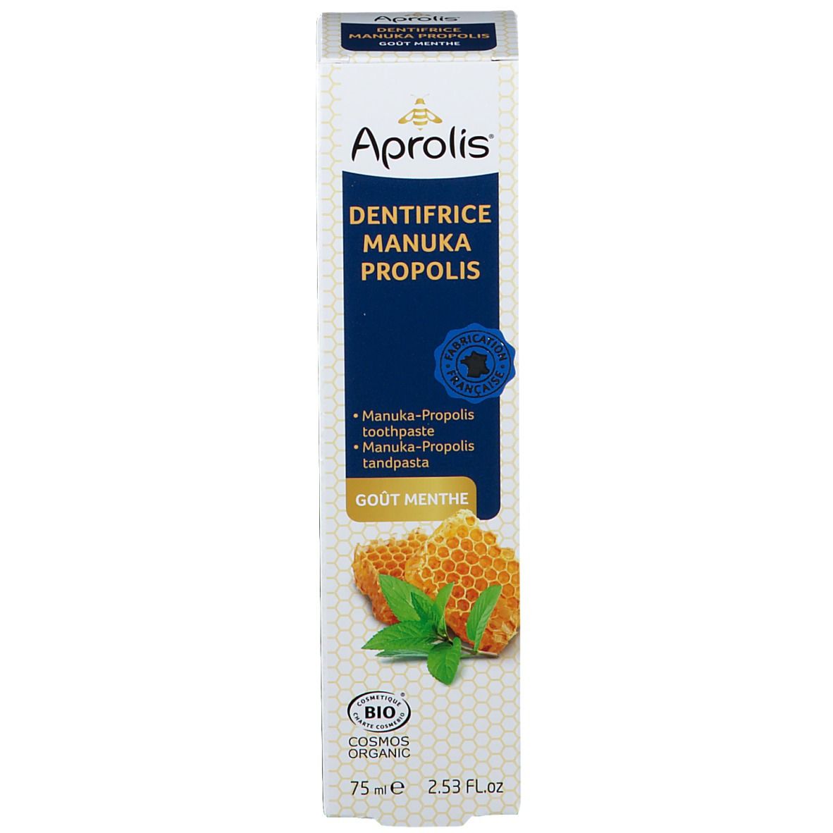 Boîte de dentifrice Aprolis, Dentifrice Manuka Propolis, goût menthe. Ingrédients bio.
