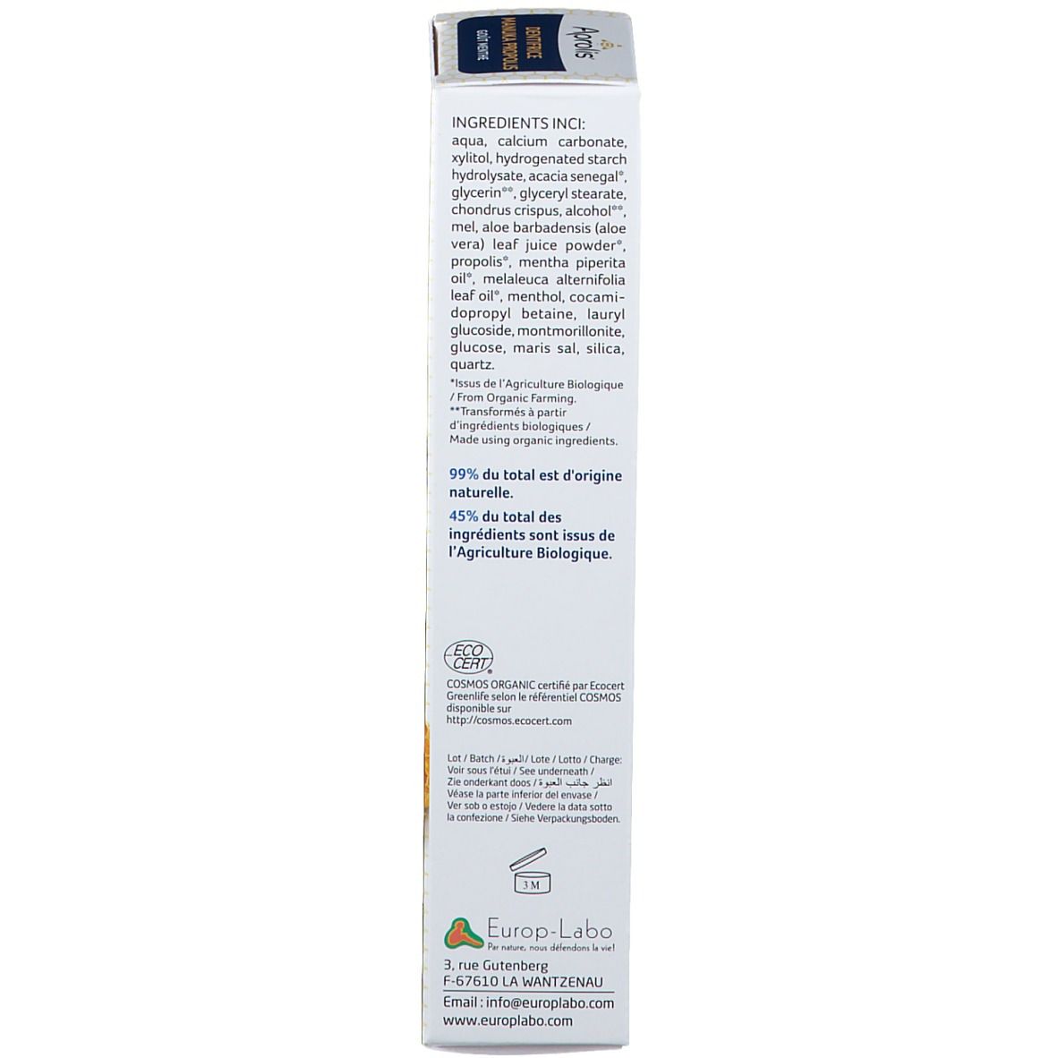 Boîte avec ingrédients du dentifrice. Texte: Ingrédients, Aqua, carbonate de calcium, Xylitol, etc. Bio.