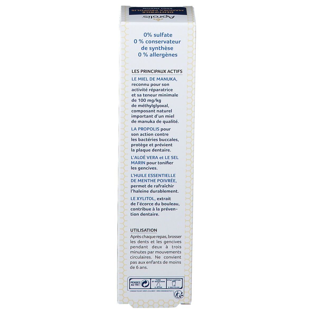 Dos de la boîte. Texte: 0% sulfates, 0% conservateurs synthétiques, 0% allergènes. Mode d'emploi.