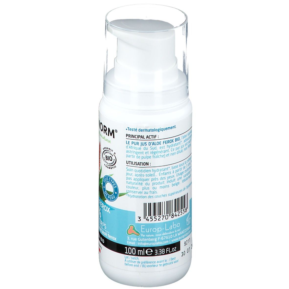 Flacon blanc avec pompe. Texte: Phytonorm, Gel Aloe Ferox 99%. Certification bio. Inscription en français.