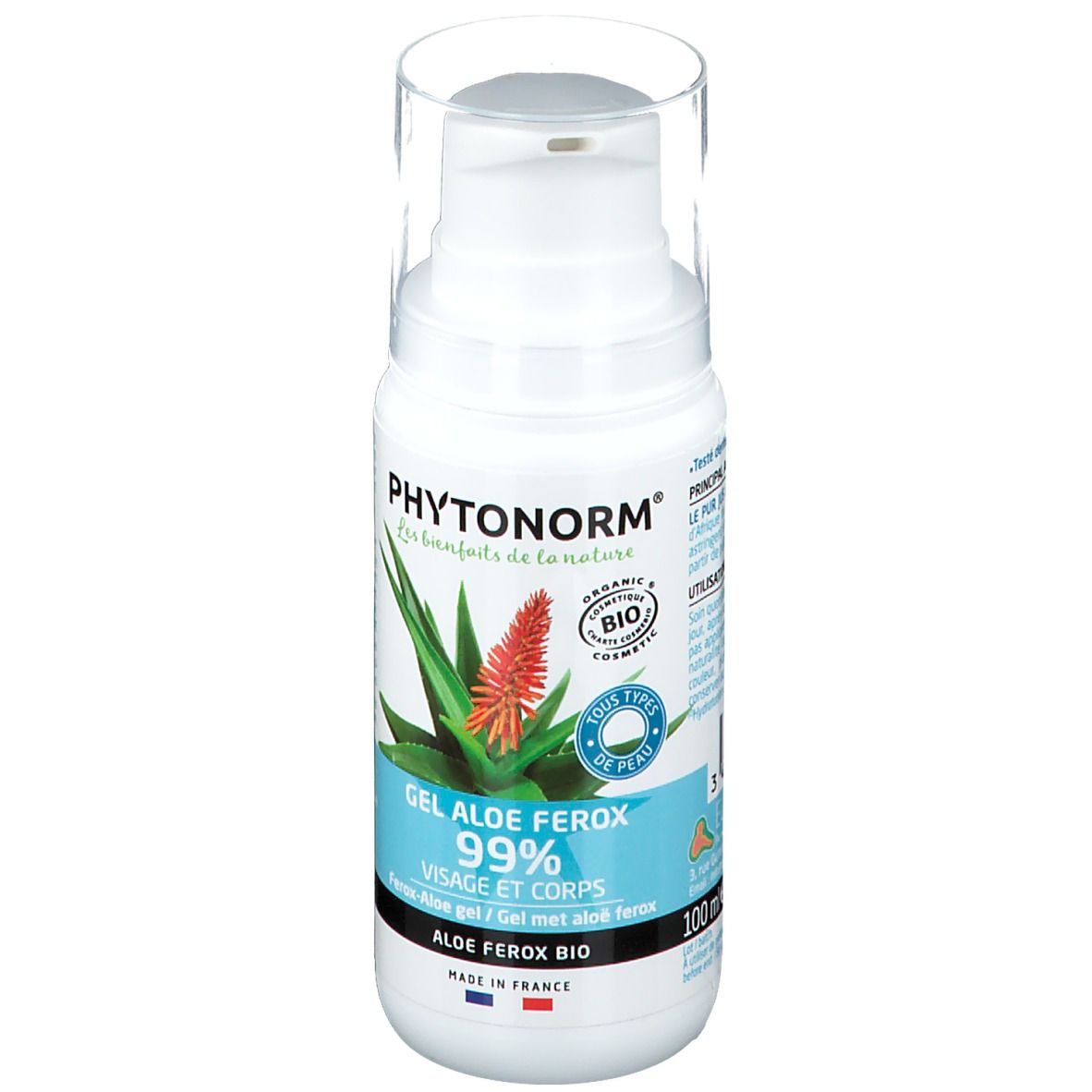 Flacon blanc avec pompe. Texte: Phytonorm, Gel Aloe Ferox 99%. Certification bio. Inscription en français.