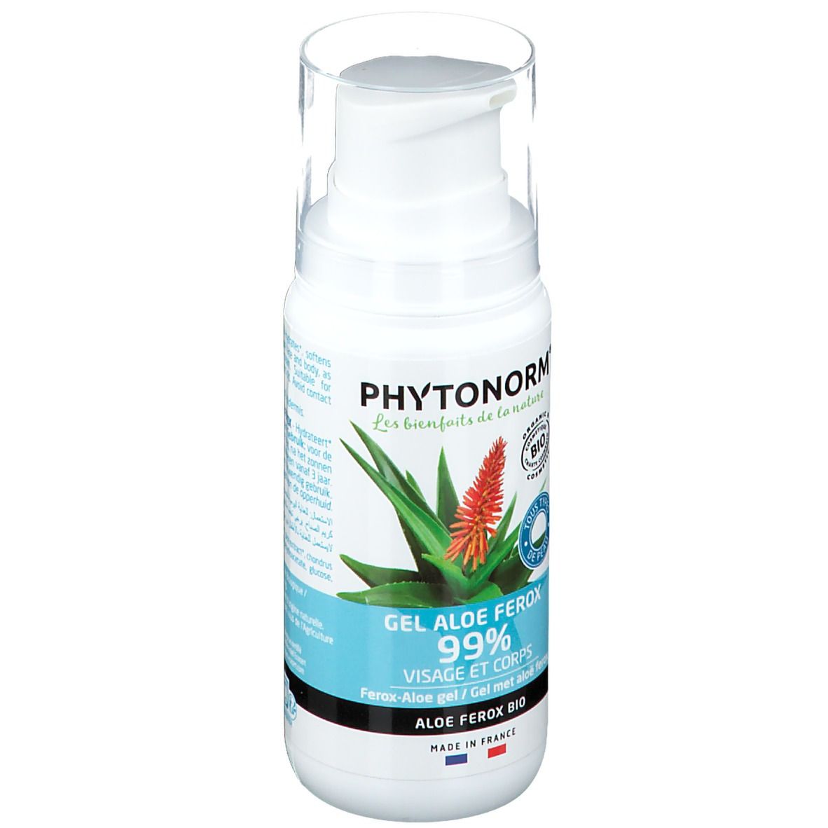 Flacon blanc avec pompe. Texte: Phytonorm, Gel Aloe Ferox 99%. Certification bio. Inscription en français.