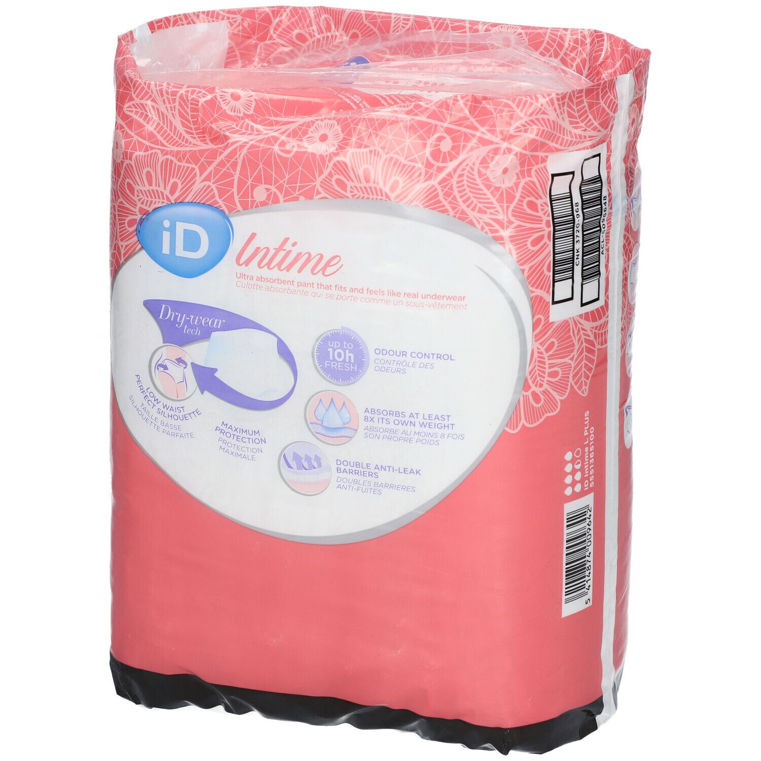 Achterkant van de verpakking iD Intime Pants Plus Grace Large. Productkenmerken en logo.