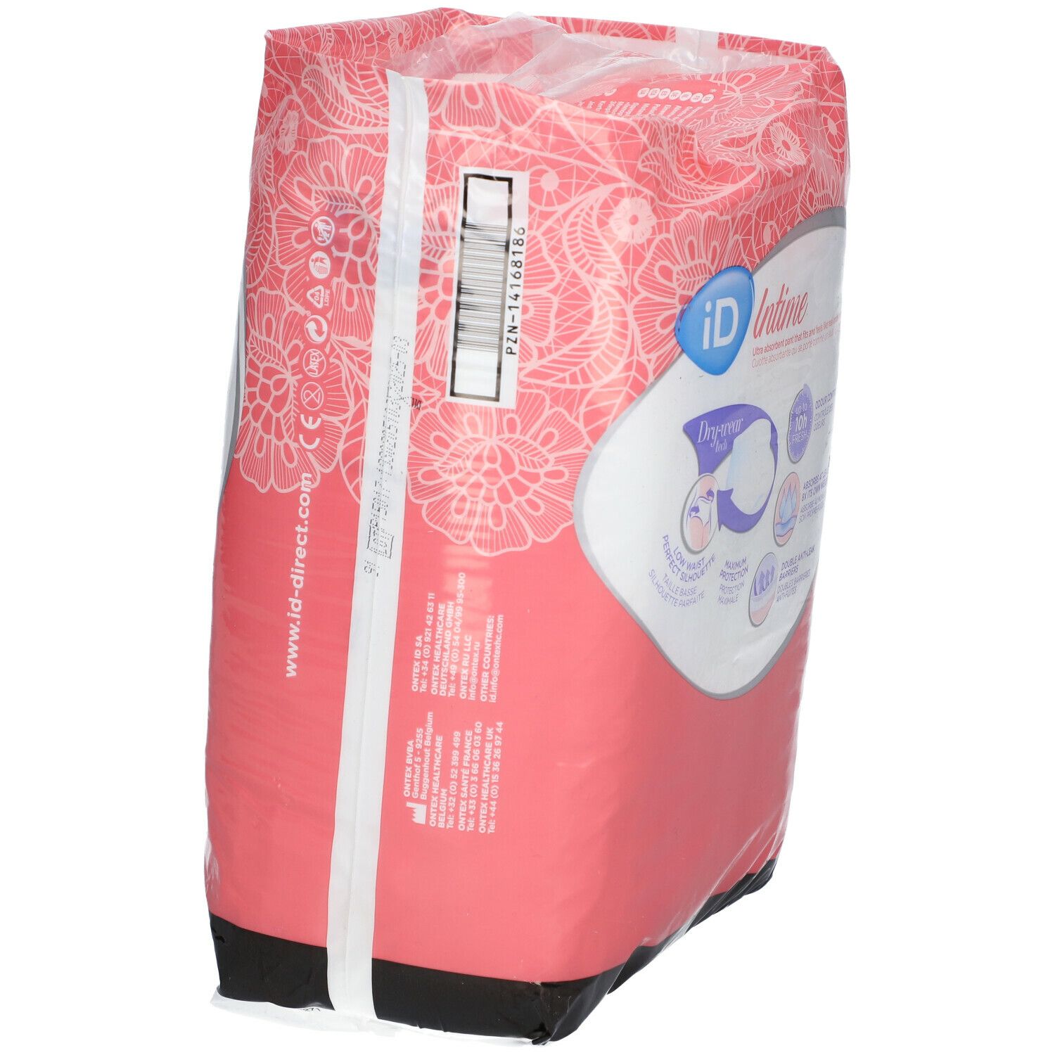 Zijaanzicht van de verpakking iD Intime Pants Plus Grace Large. Productinformatie en barcode.