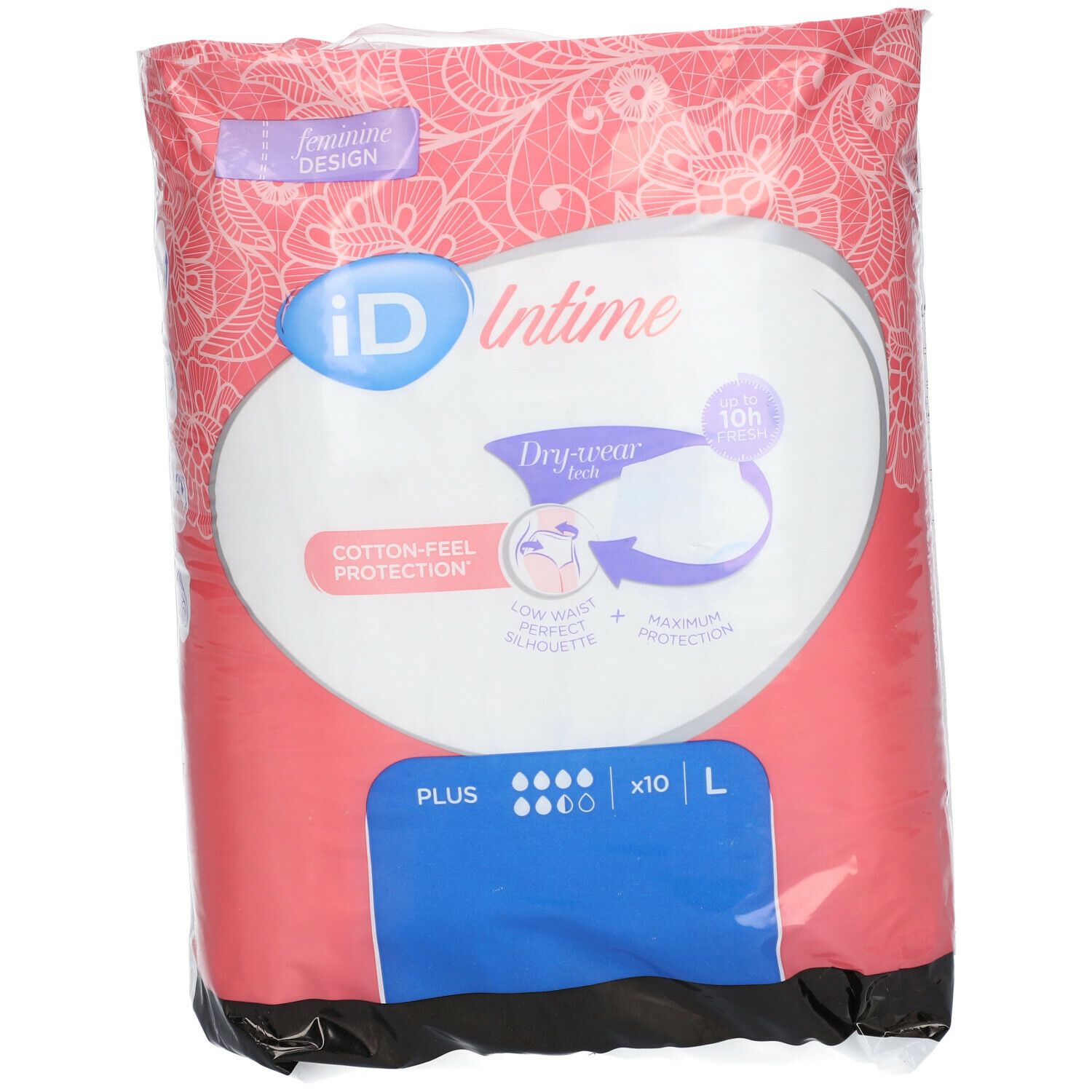 Verpakking iD Intime Pants Plus Grace Large. Roze-witte verpakking met productinformatie en logo.