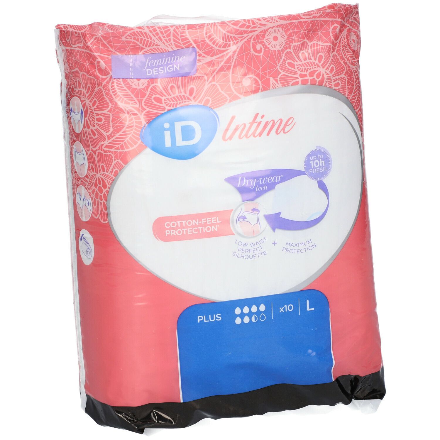 Verpakking iD Intime Pants Plus Grace Large. Roze-witte verpakking met productinformatie en logo.