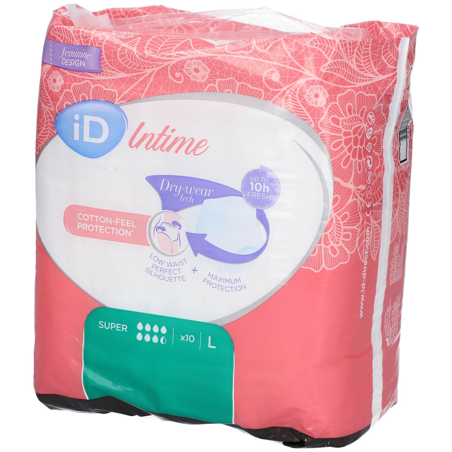 Verpakking iD Intime Pants Super Grace Large. Roze verpakking met productinformatie en logo.