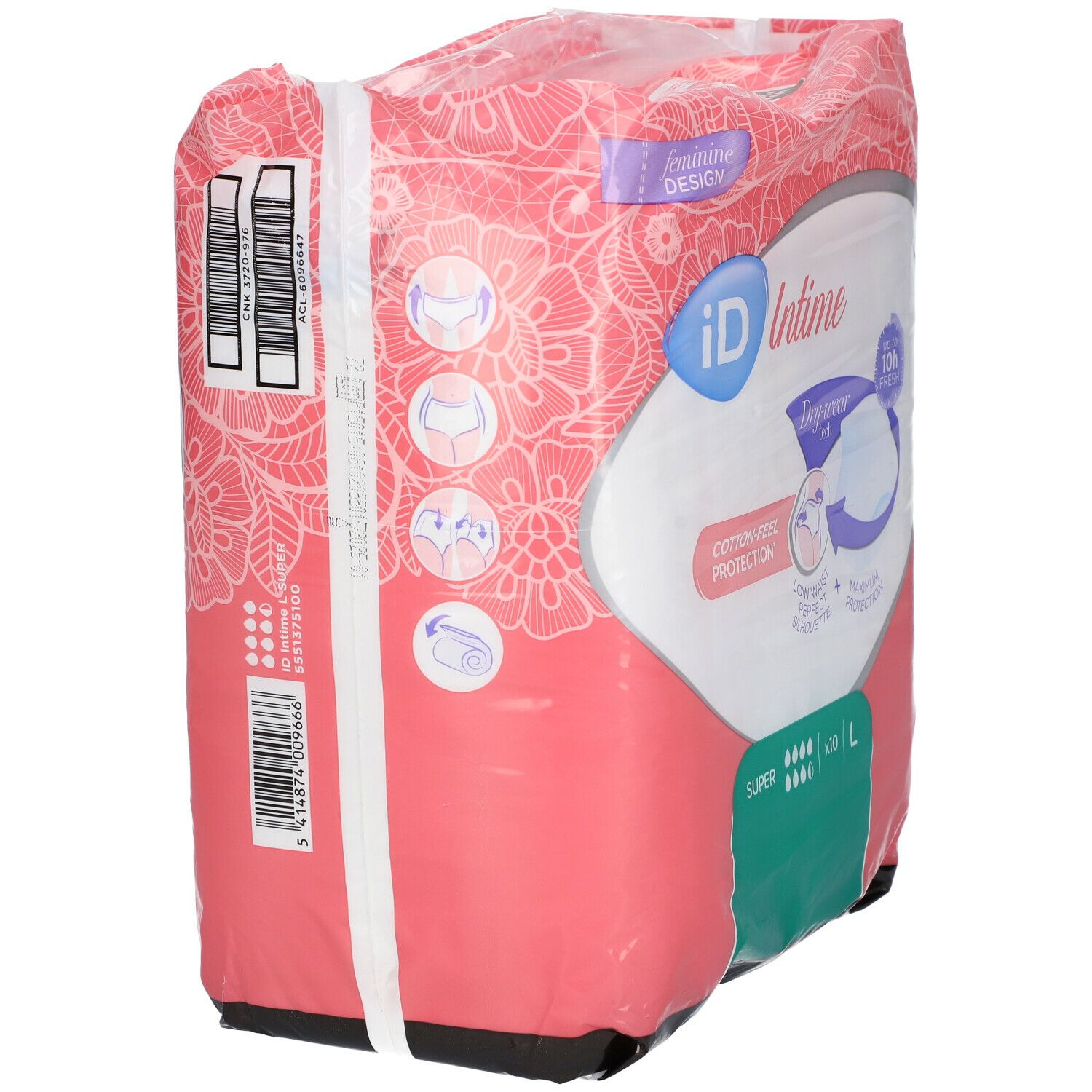 Achterkant van de verpakking iD Intime Pants Super Grace Large. Roze verpakking met productinformatie en barcode.
