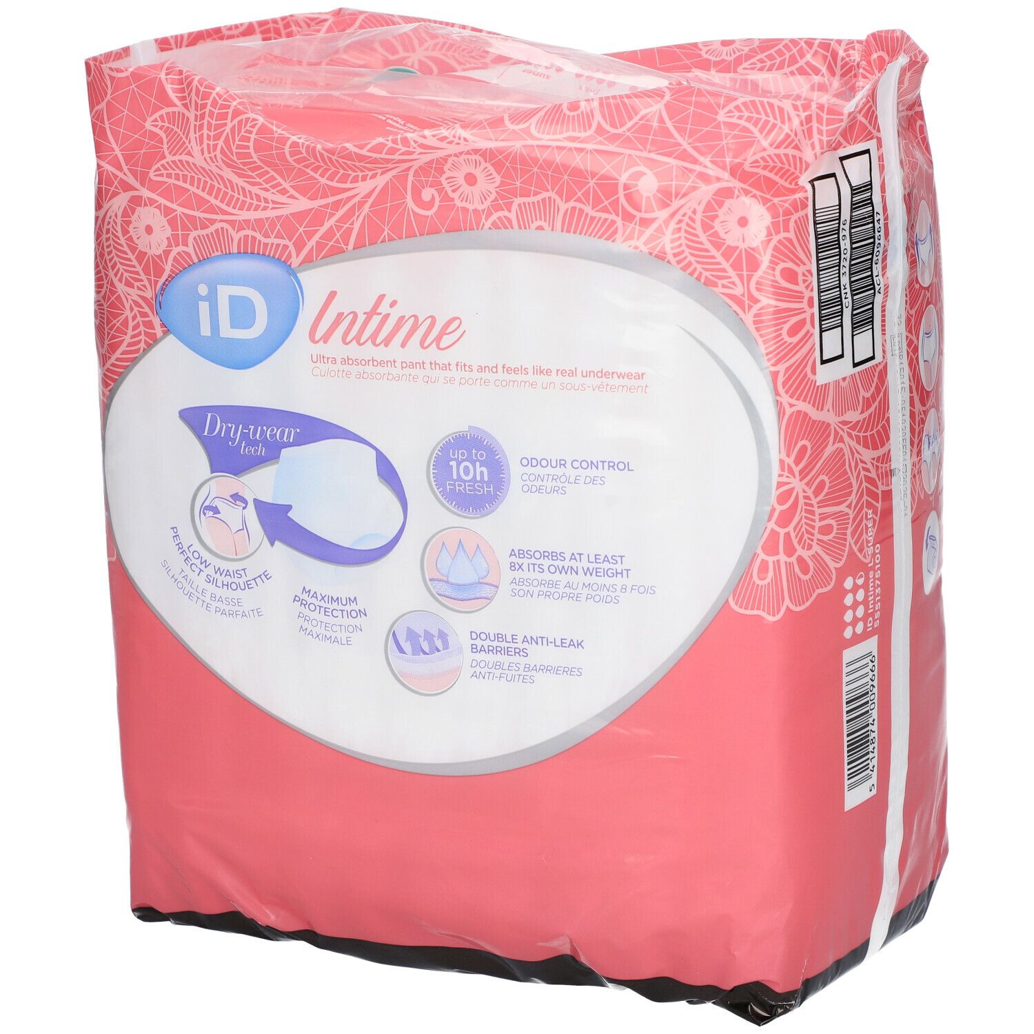 Verpakking iD Intime Pants Super Grace Large. Roze verpakking met productinformatie en logo.