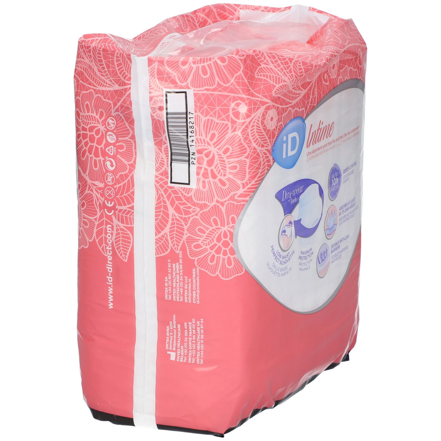 Zijkant van de verpakking iD Intime Pants Super Grace Large. Roze verpakking met productinformatie en barcode.
