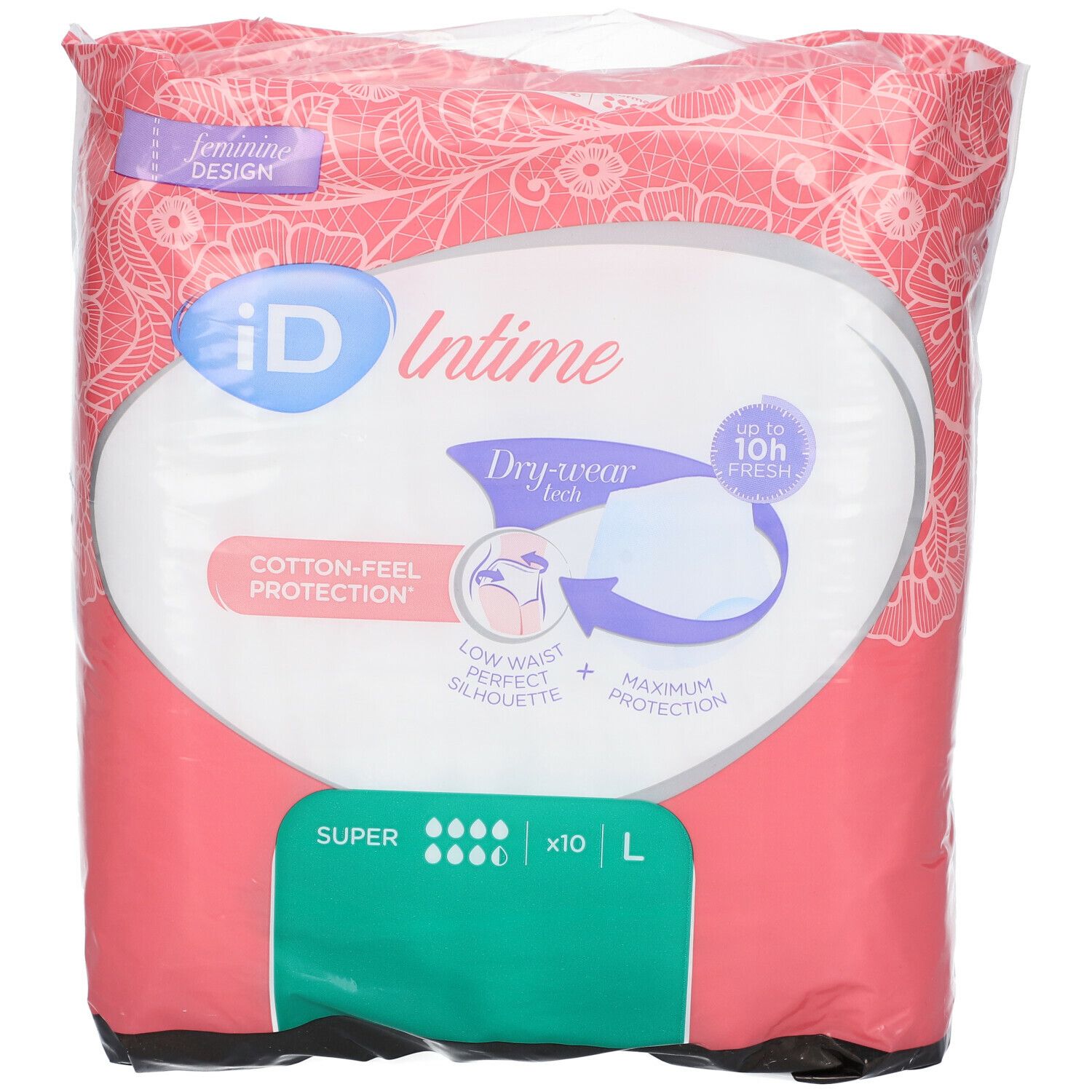 Verpakking iD Intime Pants Super Grace Large. Roze verpakking met productinformatie en logo.