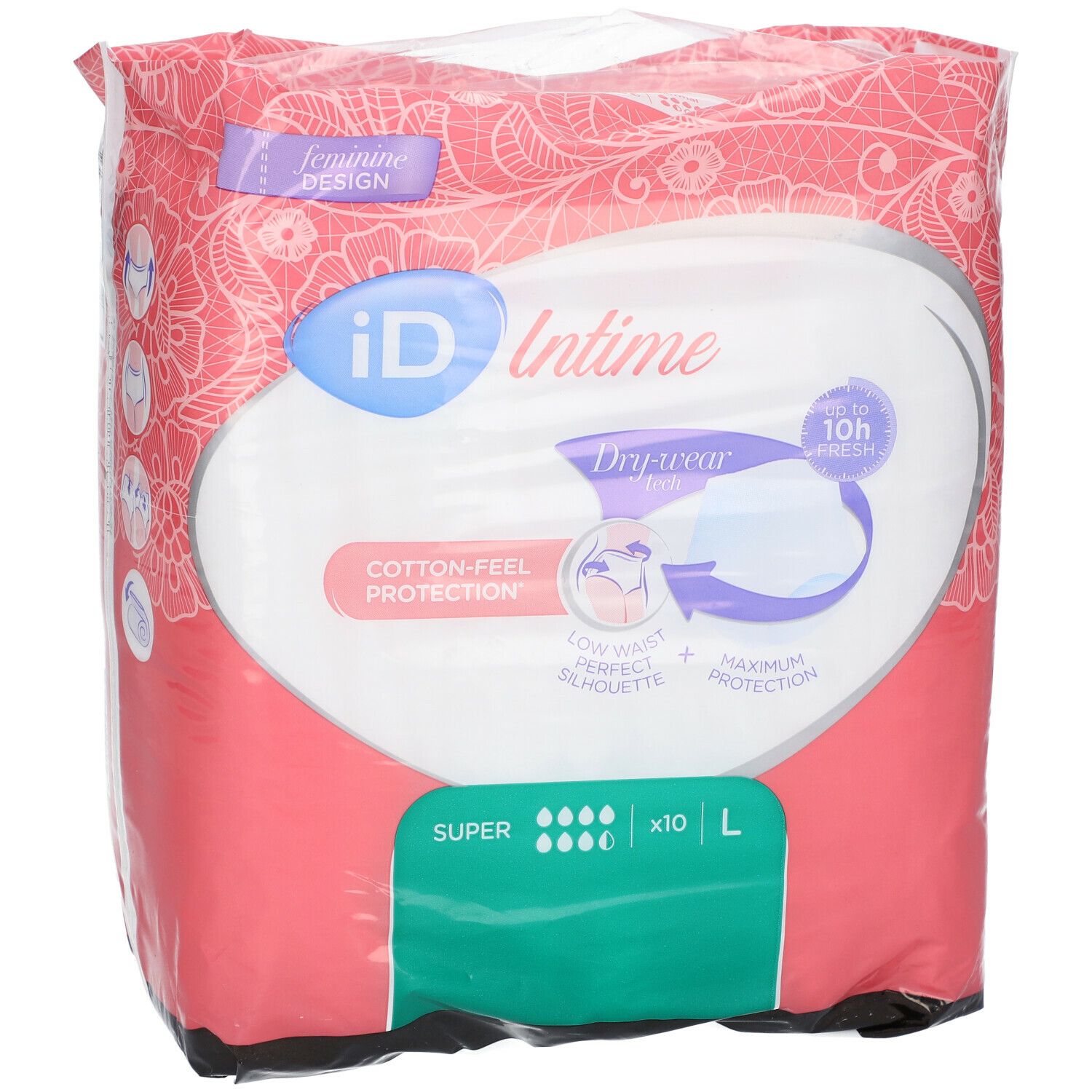 Verpakking iD Intime Pants Super Grace Large. Roze verpakking met productinformatie en logo.