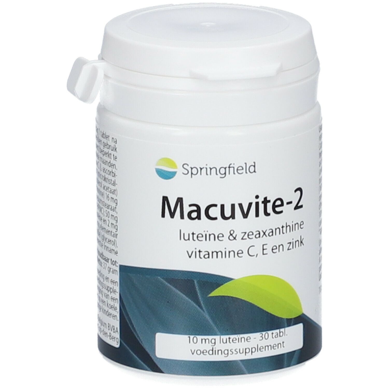 Boîte cylindrique blanche avec couvercle. Inscription : Springfield Macuvite-2. Contient lutéine, zéaxanthine, vitamine C, E et zinc. 30 comprimés.
