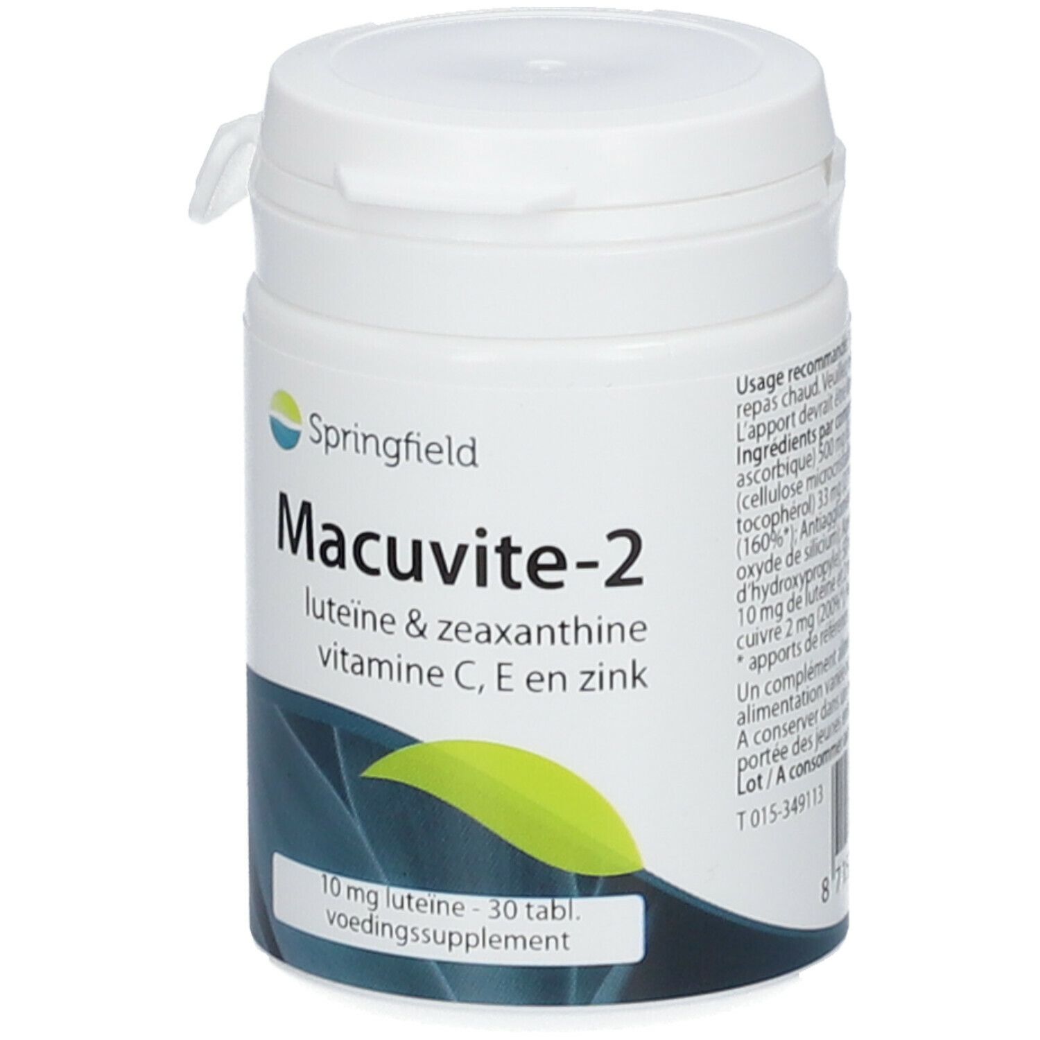 Boîte cylindrique blanche avec couvercle. Inscription : Springfield Macuvite-2. Contient lutéine, zéaxanthine, vitamine C, E et zinc. 30 comprimés.