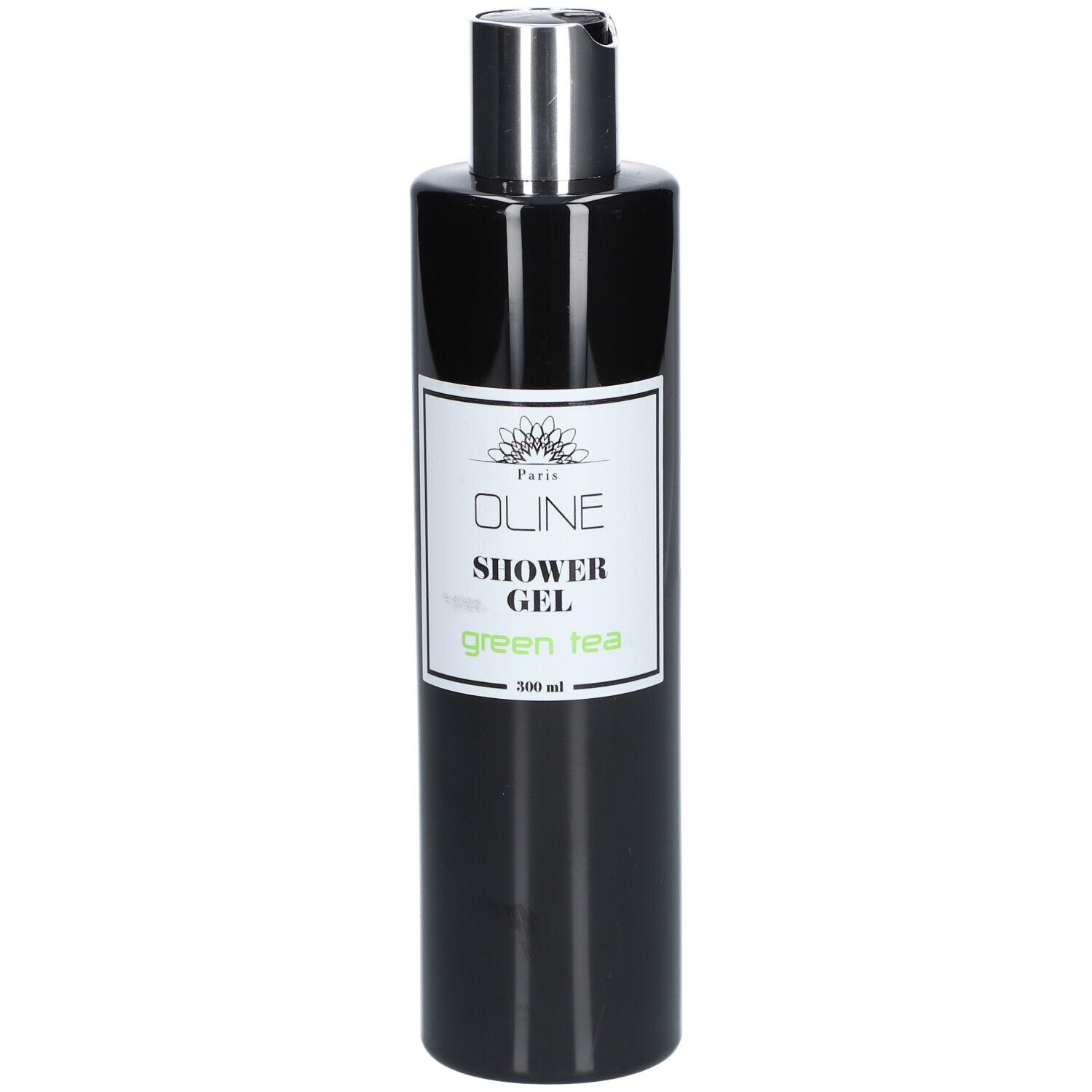 Flacon noir avec bouchon argenté. Étiquette Oline, Shower Gel, Green Tea. 500 ml.