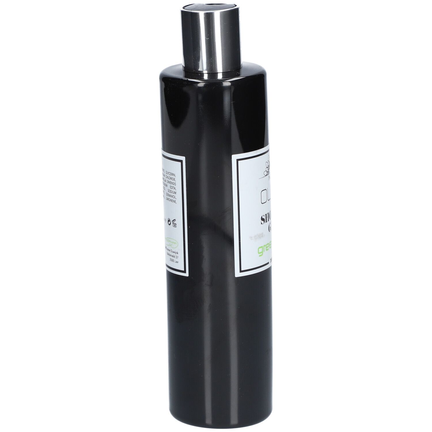 Flacon noir avec bouchon argenté. Étiquette Oline, Shower Gel, Green Tea. Vue latérale.