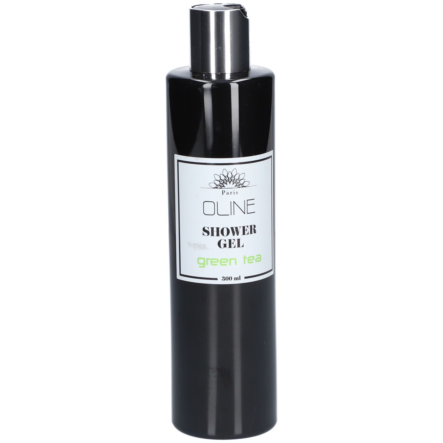 Flacon noir avec bouchon argenté. Étiquette Oline, Shower Gel, Green Tea. 500 ml.