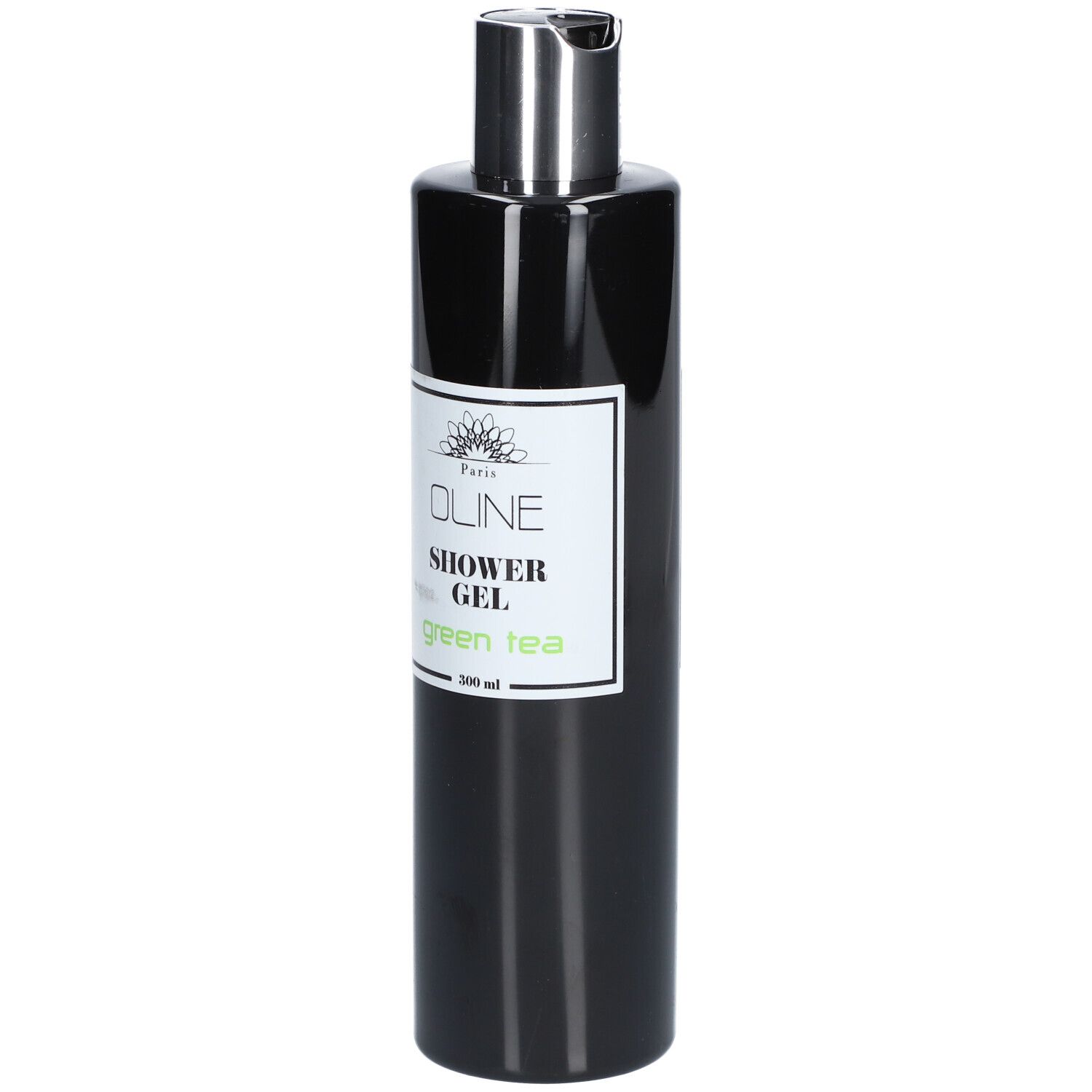 Flacon noir avec bouchon argenté. Étiquette Oline, Shower Gel, Green Tea. 500 ml.