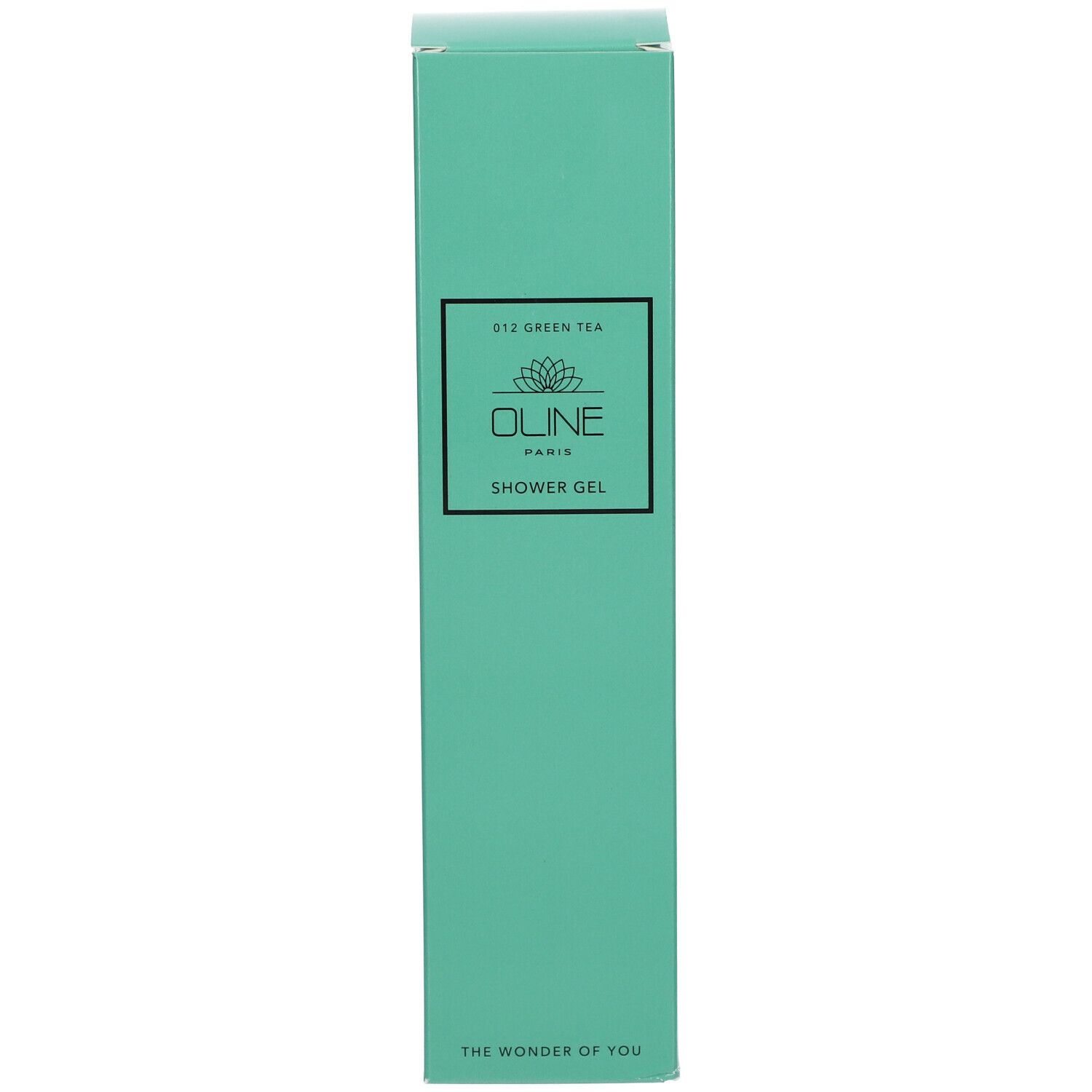 Emballage vert avec Oline, Shower Gel, Green Tea. Texte: The Wonder of You.