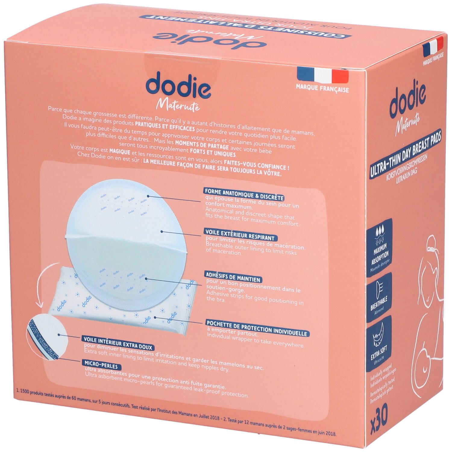 Rückseite der Verpackung mit dodie® Stilleinlagen. Text: COUSSINETS D'ALLAITEMENT. Anatomische Form, atmungsaktive Außenseite.