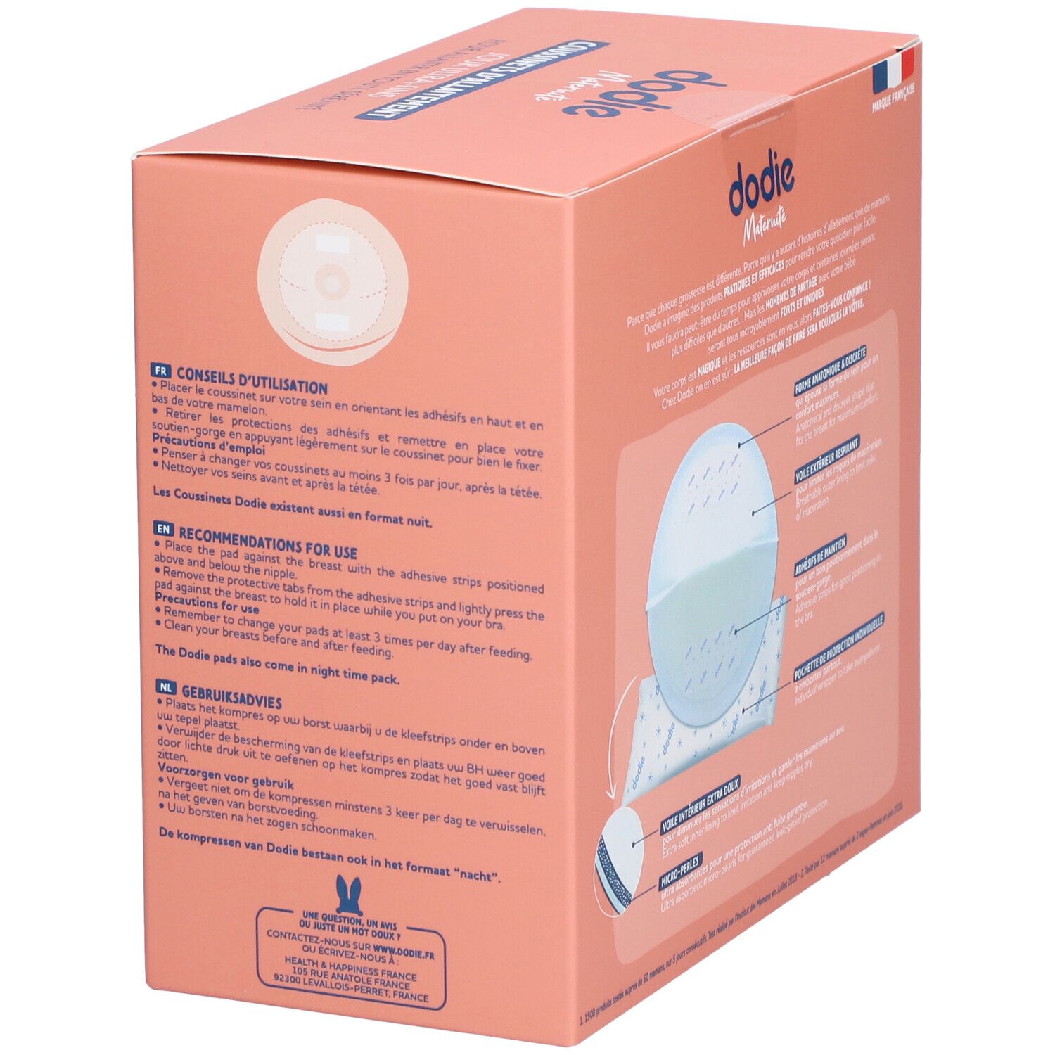 Rückseite der Verpackung mit dodie® Stilleinlagen. Gebrauchsanweisung und Empfehlungen. Text: COUSSINETS D'ALLAITEMENT.