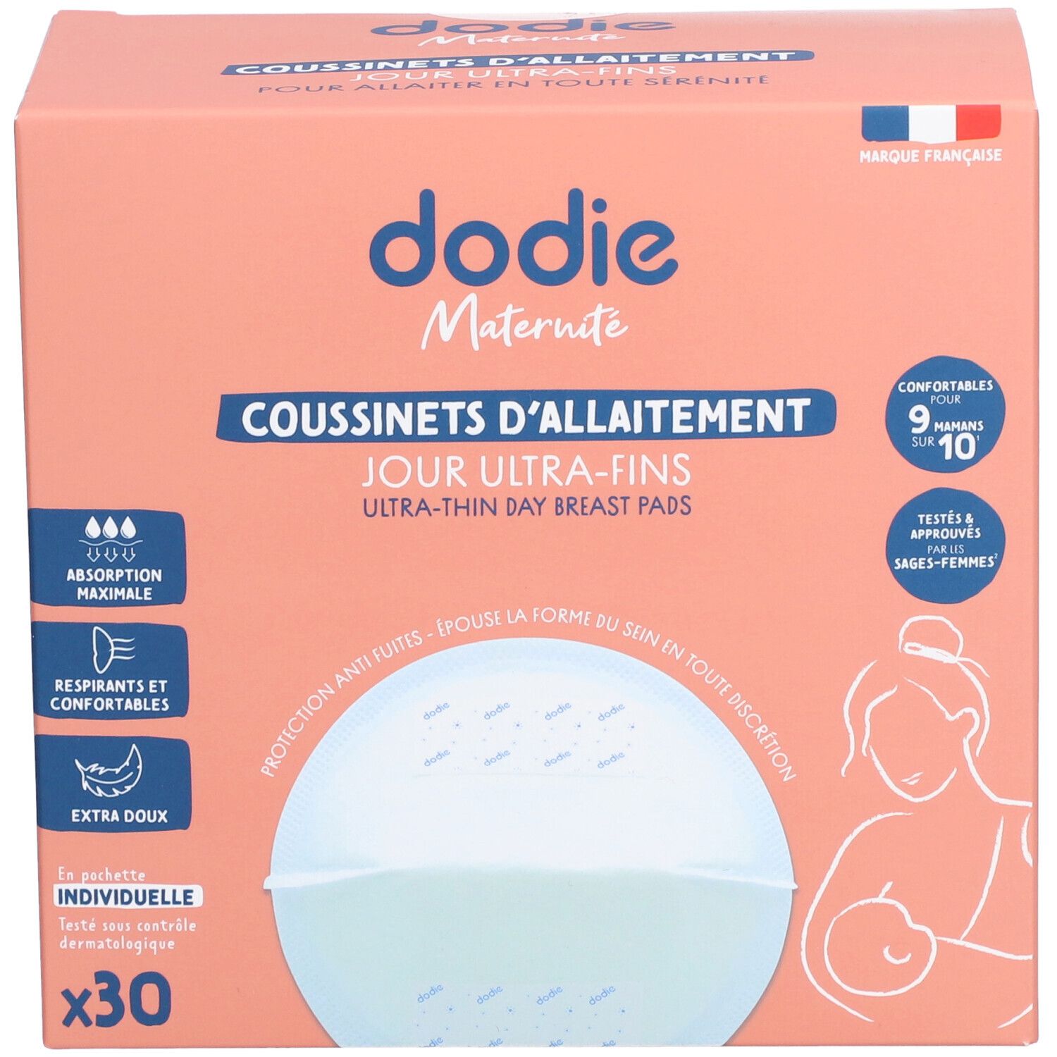 Rosa Verpackung mit dodie® Stilleinlagen. Text: COUSSINETS D'ALLAITEMENT JOUR ULTRA-FINS. 30 Stück. Französische Marke.