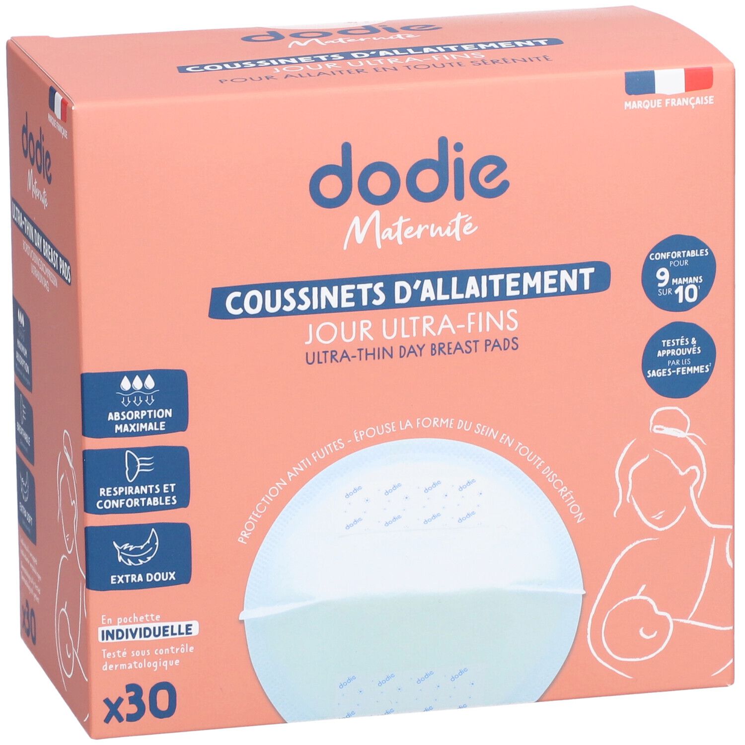 Rosa Verpackung mit dodie® Stilleinlagen. Text: COUSSINETS D'ALLAITEMENT JOUR ULTRA-FINS. 30 Stück. Französische Marke.