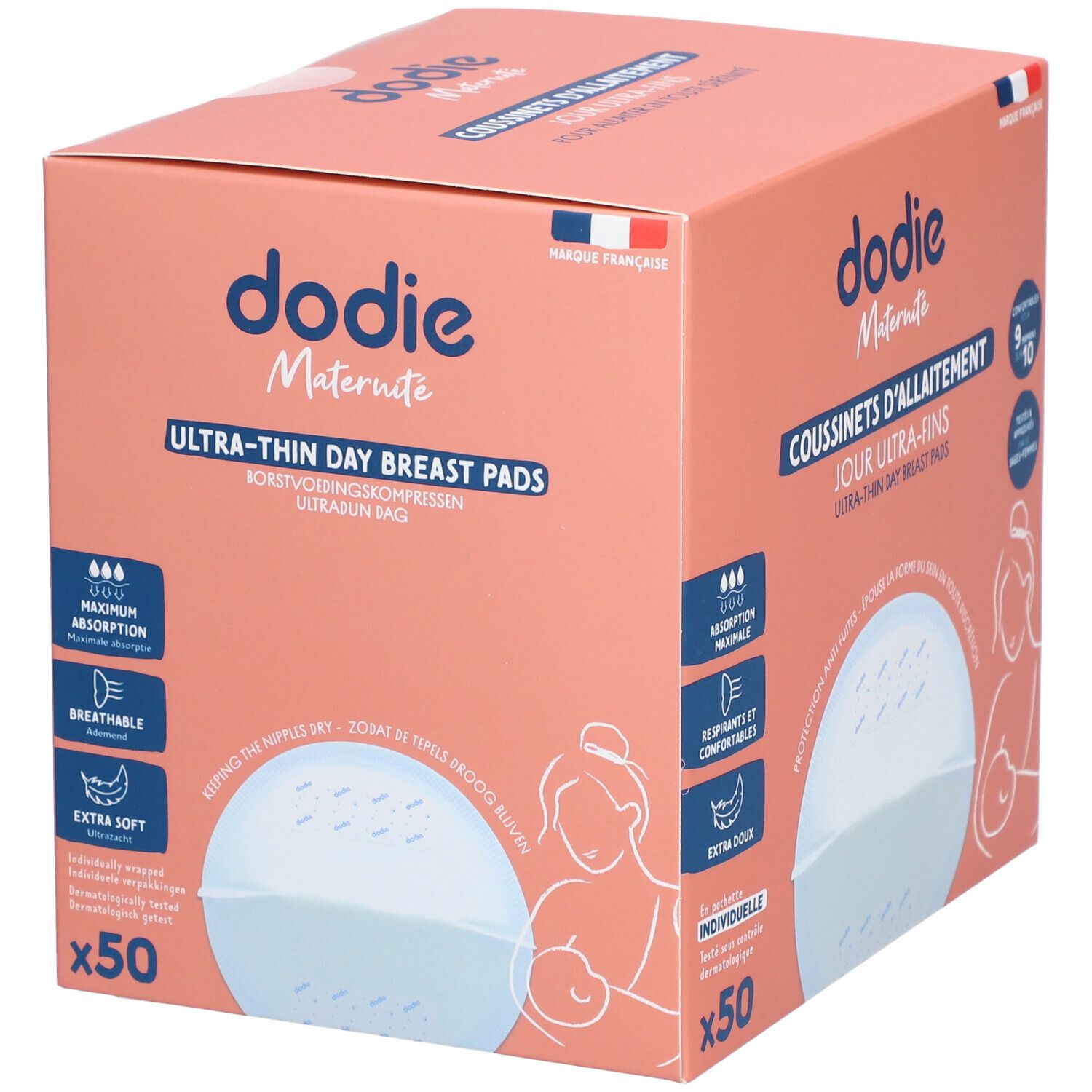 Rosa Verpackung mit "dodie Maternité" und "Ultra-thin day breast pads". Enthält 50 Stück. Französische Flagge.