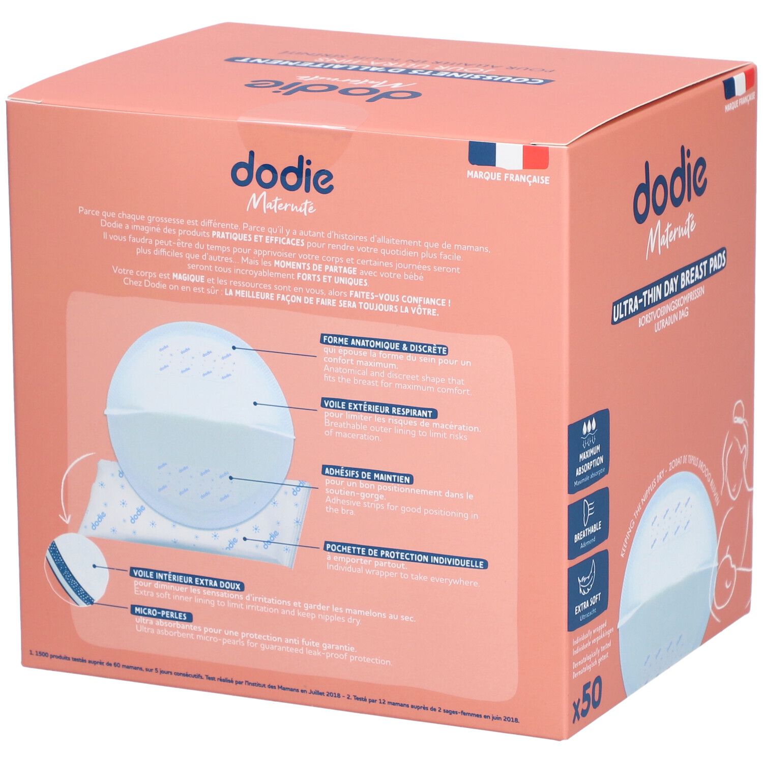 Rosa Verpackung mit Produktinformationen. Zeigt anatomische Form, atmungsaktive Außenseite, Klebestreifen und Mikro-Perlen. 50 Stück.