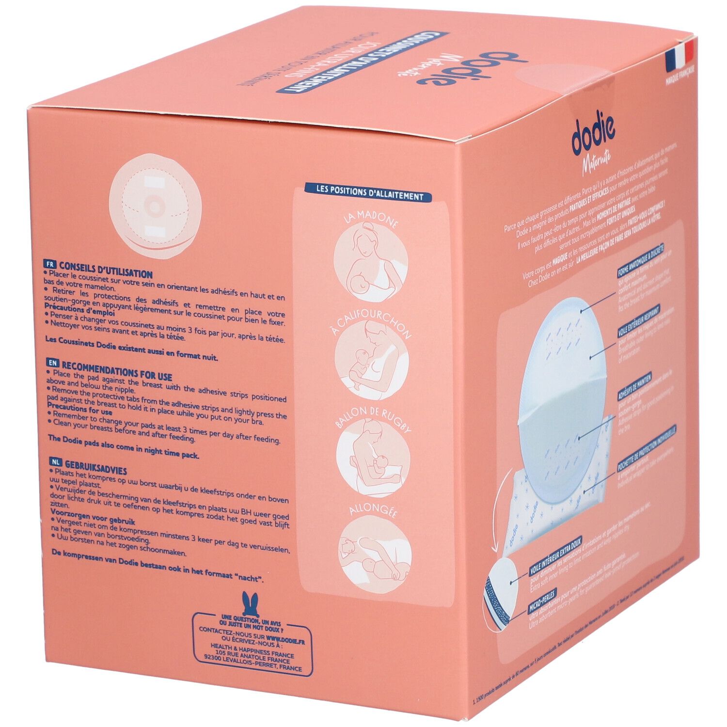 Rosa Verpackung mit Anwendungs- und Gebrauchshinweisen. Zeigt Stillpositionen. Enthält 50 Stück.