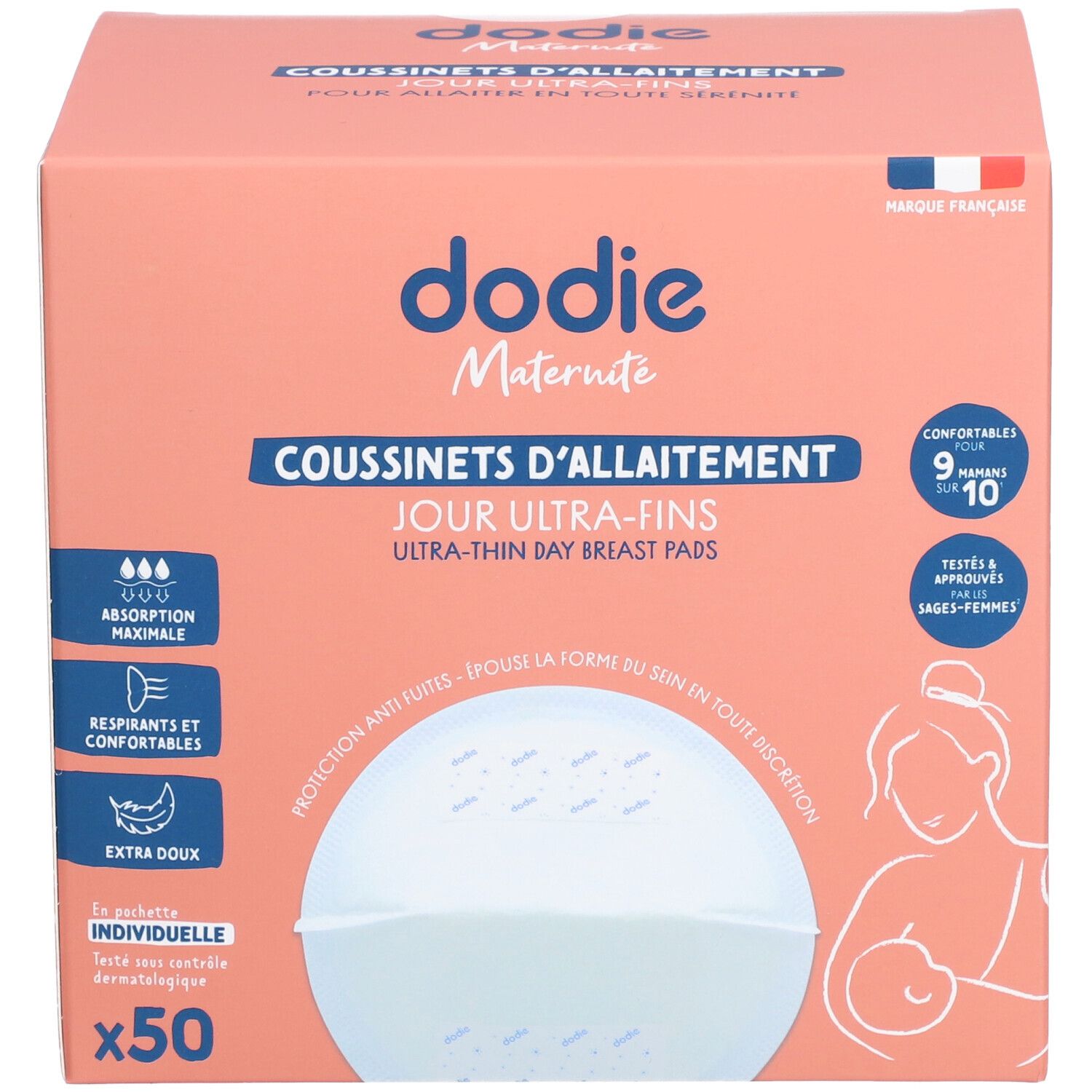 Rosa Verpackung mit "dodie Maternité" und "Coussinets d'allaitement". Enthält 50 ultra-dünne Stilleinlagen. Französische Flagge.