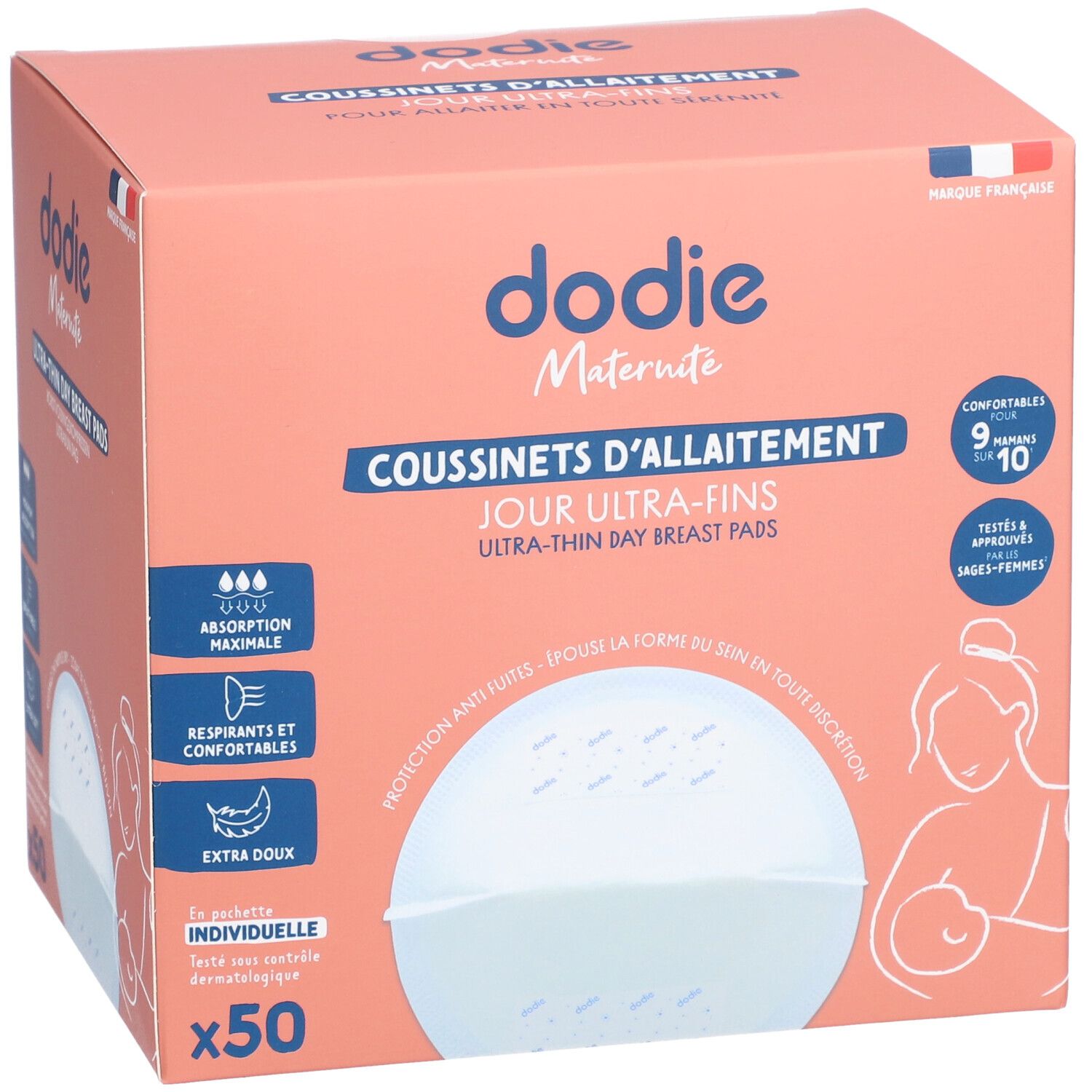 Rosa Verpackung mit "dodie Maternité" und "Coussinets d'allaitement". Enthält 50 ultra-dünne Stilleinlagen. Französische Flagge.