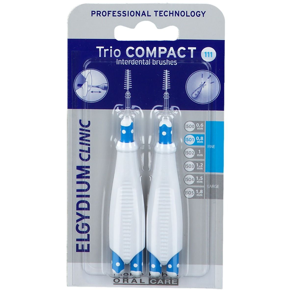 Deux brosses interdentaires dans un emballage blister. Manches bleus et blancs, soies bleues. Inscription: Trio COMPACT, ELGYDIUM CLINIC.