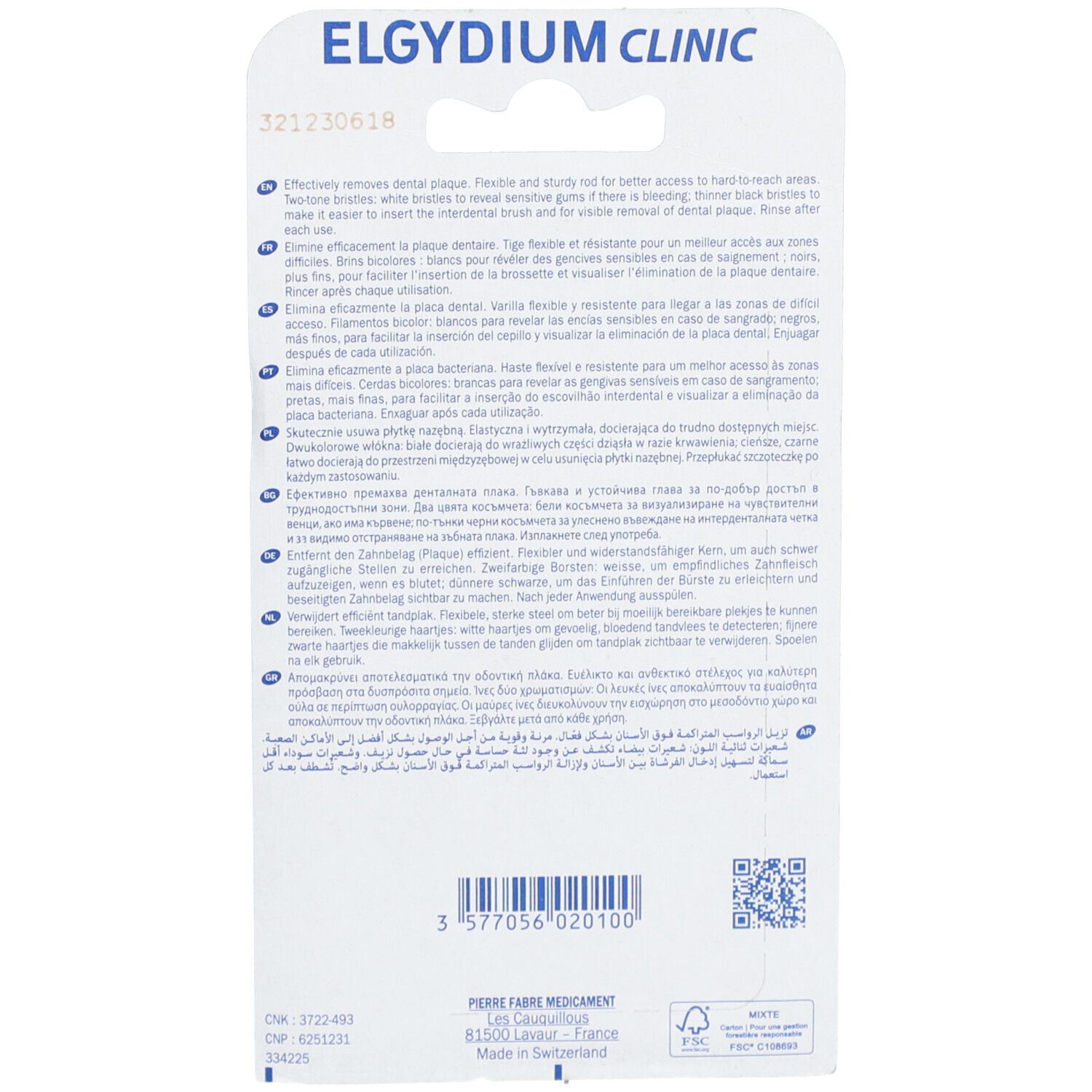 Dos de l'emballage blister. Texte en plusieurs langues. Inscription "ELGYDIUM CLINIC" et "PIERRE FABRE MEDICAMENT".