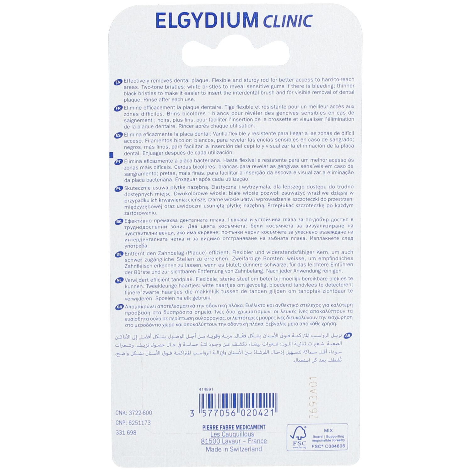 Dos de l'emballage avec texte multilingue. Logos : Elgydium Clinic, Pierre Fabre Oral Care.