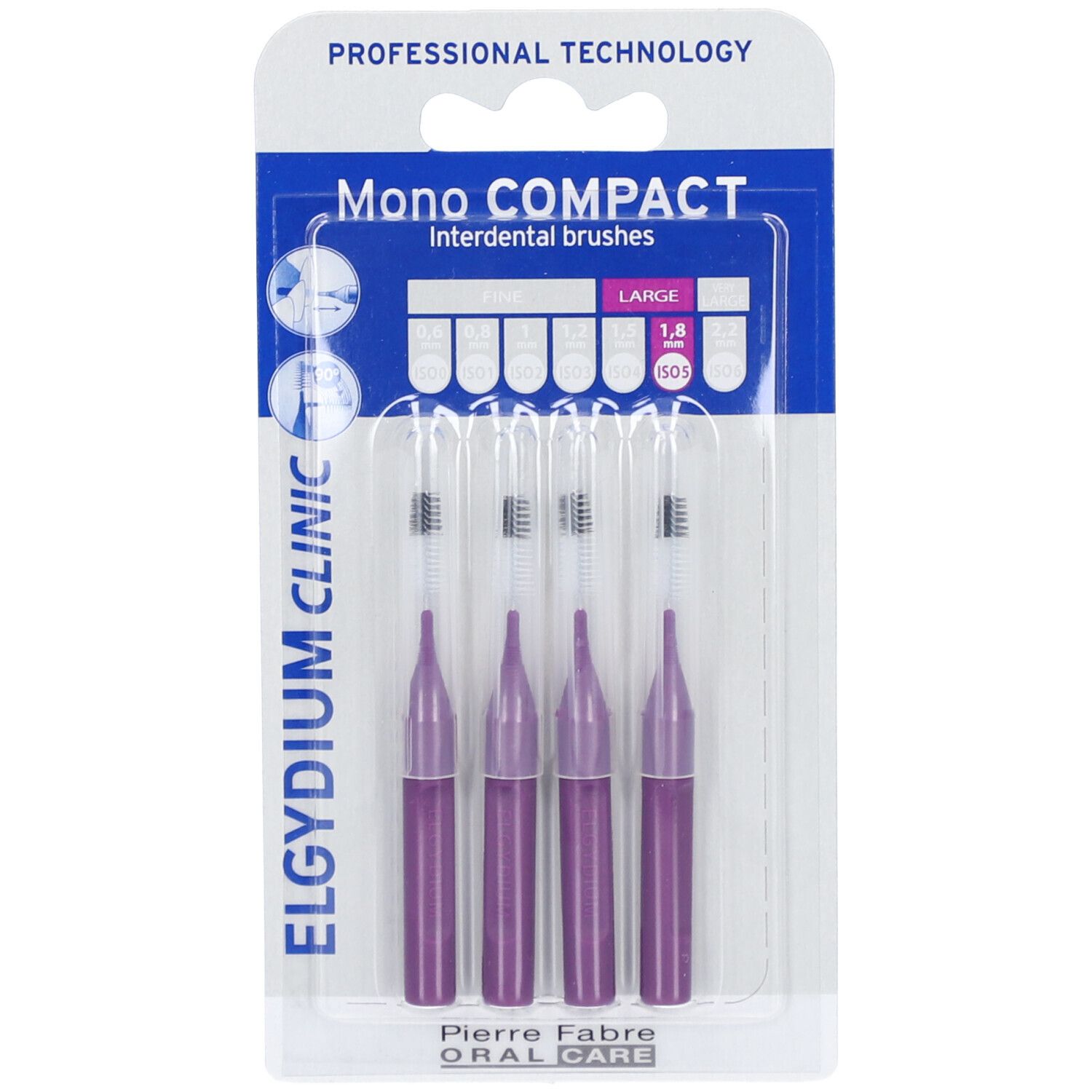 Elgydium Clinic, brosses interdentaires 1,8 mm, violettes. Quatre brosses en blister. Soies noires et blanches.