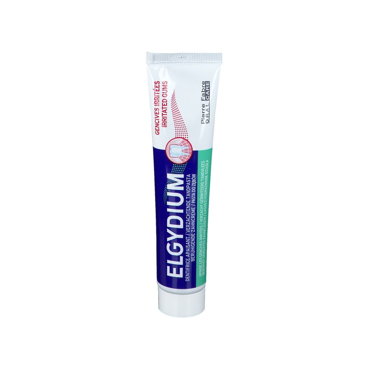 Tube de dentifrice blanc, bleu et vert. Inscription : ELGYDIUM, pour gencives irritées.