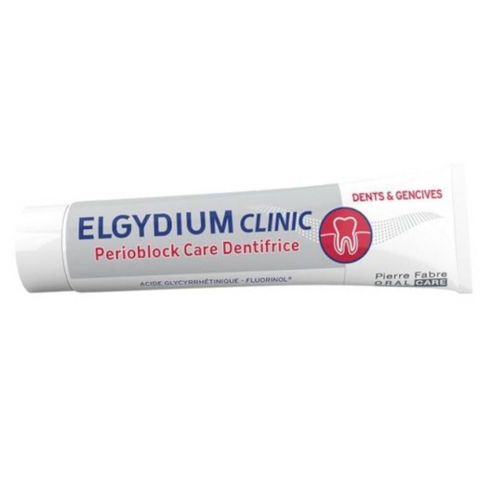 Tube de dentifrice Elgydium Clinic Perioblock Care Dentifrice. Blanc, bleu, logo rouge avec dent. Inscription Dents & gencives.