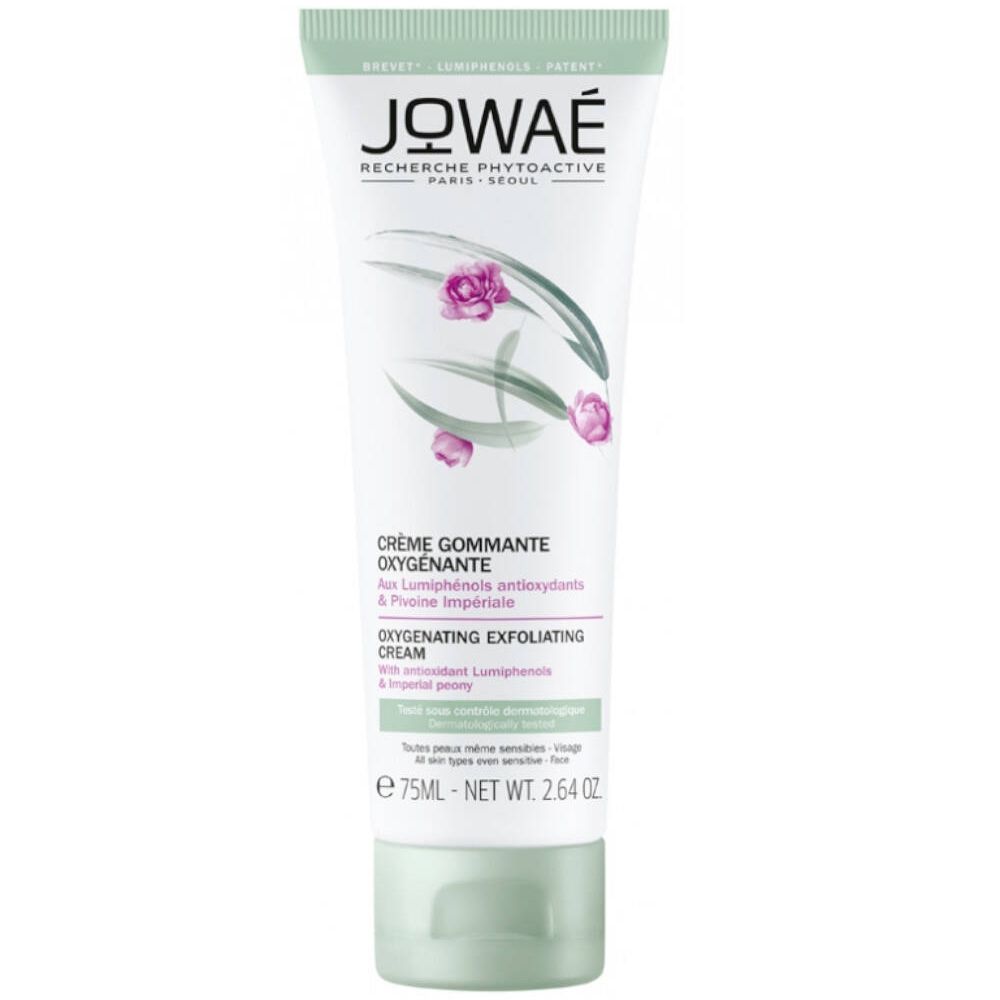 Tube de crème gommante JOWAÉ. Blanc, accents verts et roses. Texte : "Crème Gommante Oxygénante".