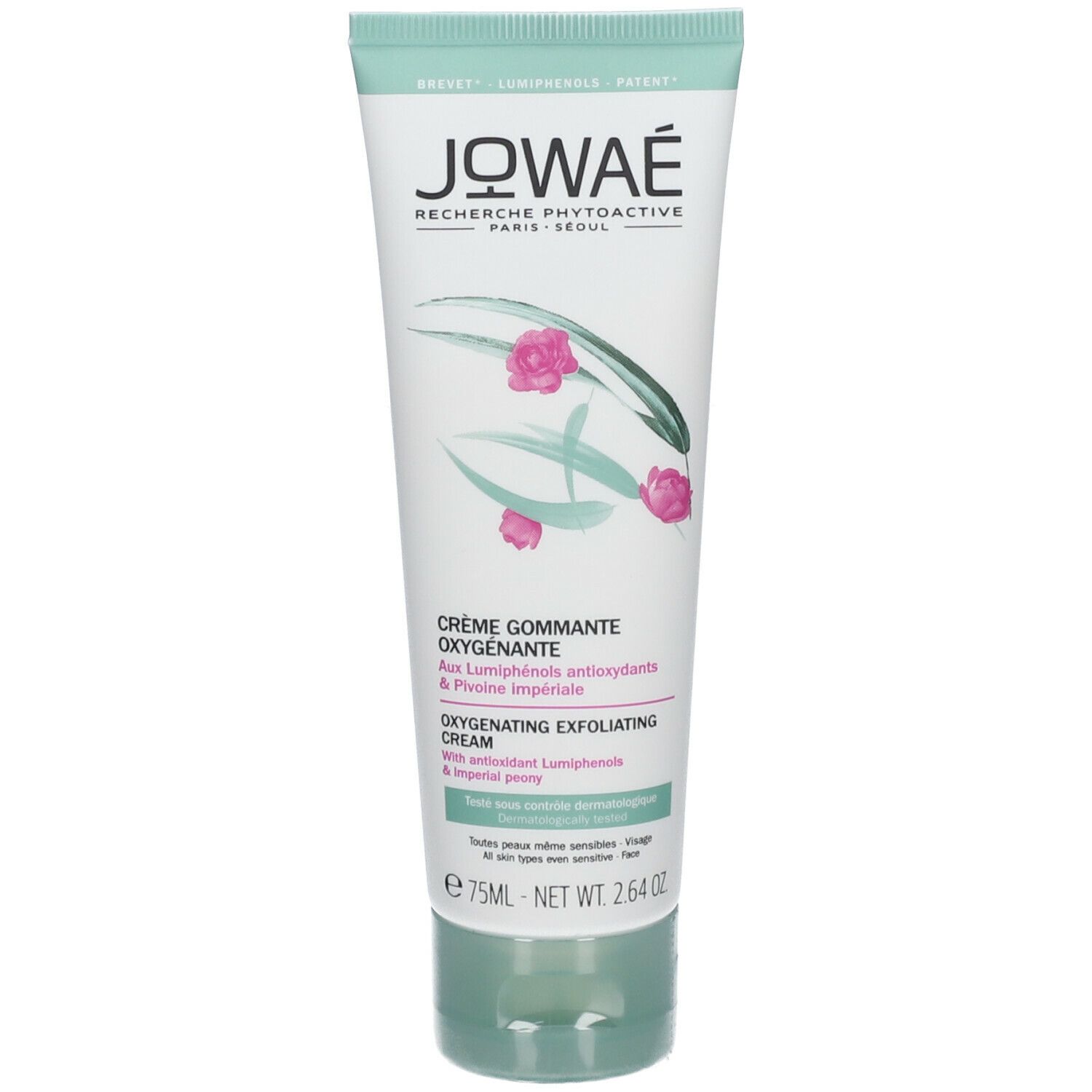 Tube de crème gommante JOWAÉ. Blanc, avec des détails verts et roses. Texte : "Crème Gommante Oxygénante".