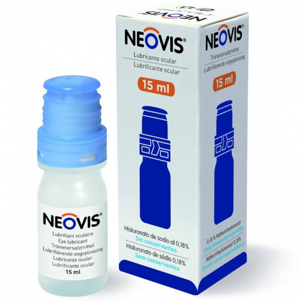 Flacon et emballage de gouttes ophtalmiques. Flacon avec bouchon bleu, emballage avec image du produit et texte.