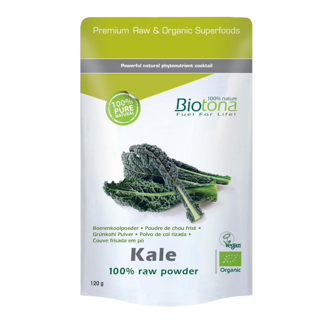 Sachet de poudre de chou frisé cru. Marque Biotona. Inscription : 100% poudre crue, label bio, 120g.