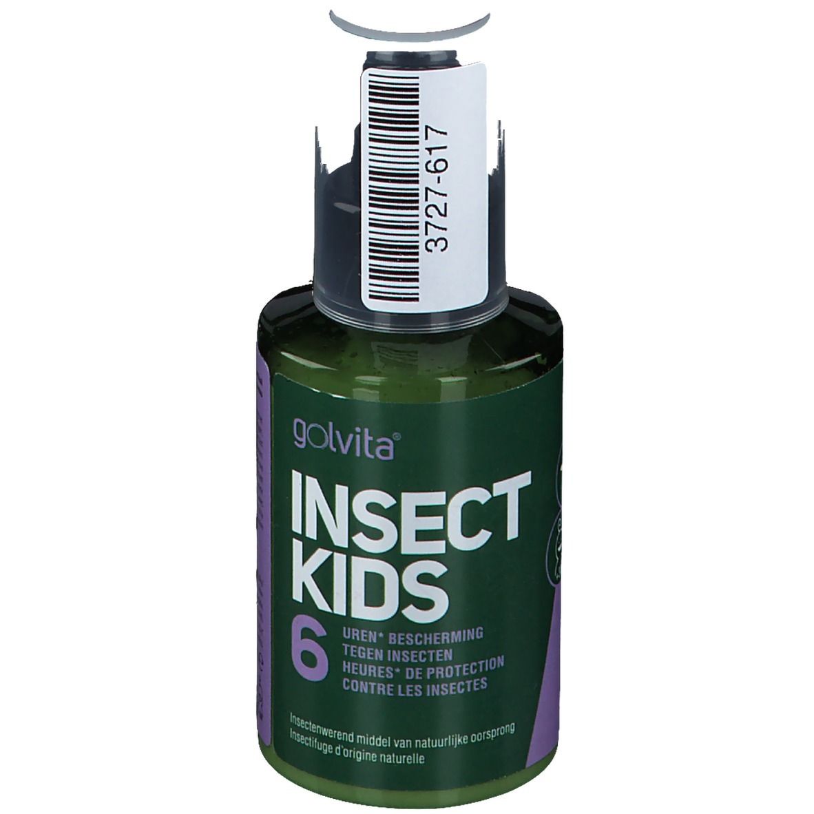 Flacon vert Golvita Insect Kids. Inscription: 6 heures de protection. Code-barres sur le bouchon.