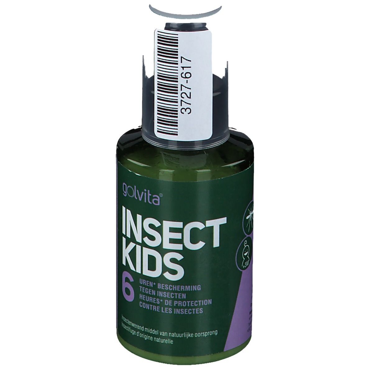 Flacon vert Golvita Insect Kids. Inscription: 6 heures de protection. Symboles. Code-barres sur le bouchon.