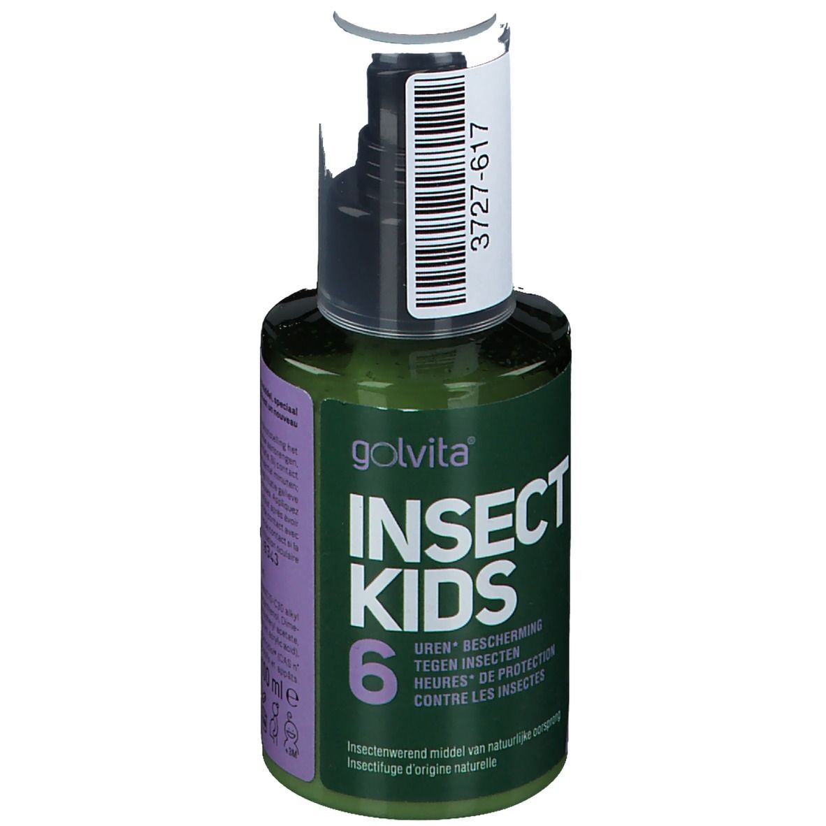 Flacon vert Golvita Insect Kids. Inscription: 6 heures de protection. Tête de pompe noire. Code-barres sur le bouchon.