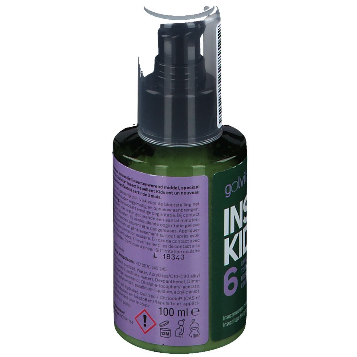 Flacon vert Golvita Insect Kids. Inscription: 6 heures de protection. Tête de pompe noire. 100 ml.