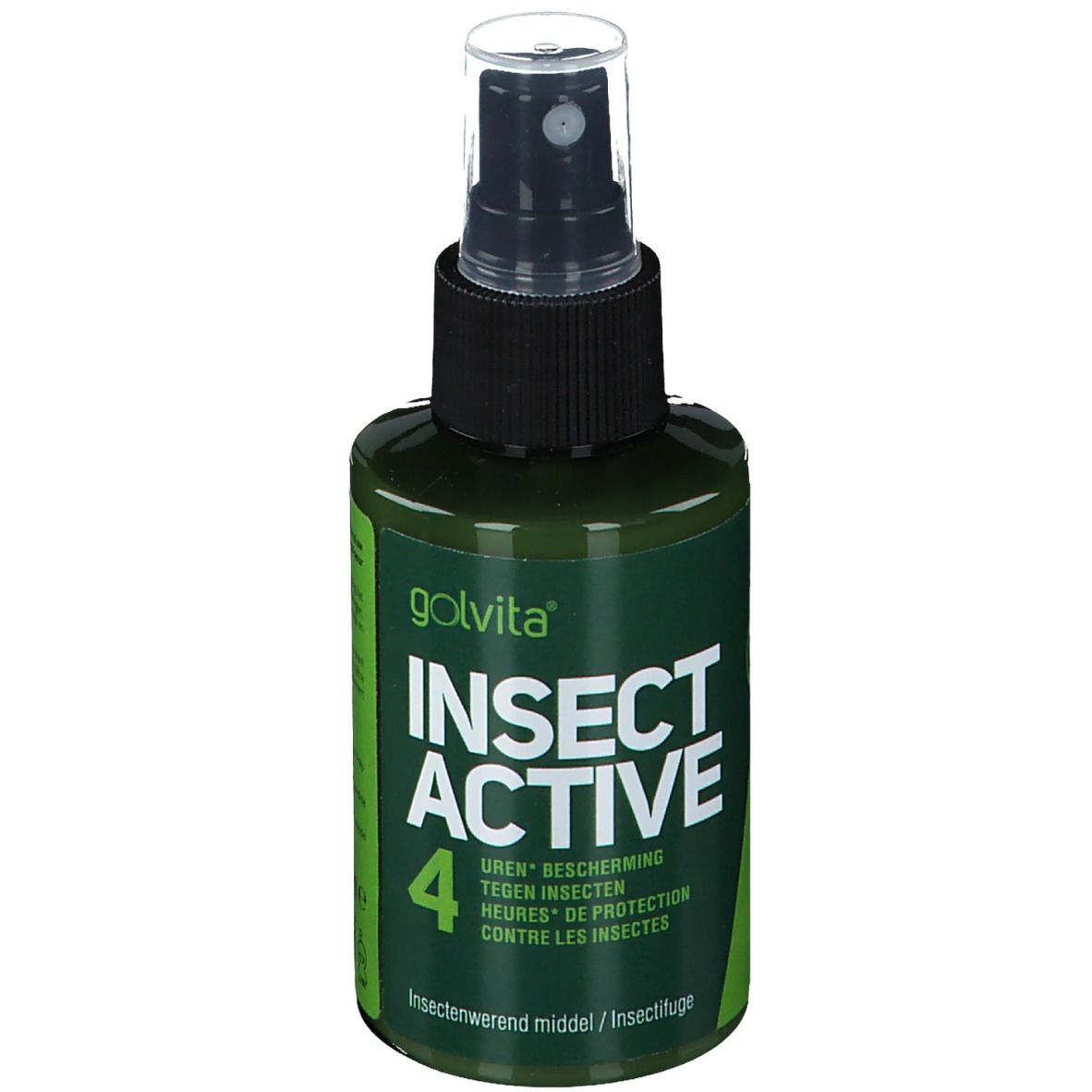 Groene fles met zwarte sproeikop. Opschrift: Golvita INSECT ACTIVE 4. Meertalige opschriften.
