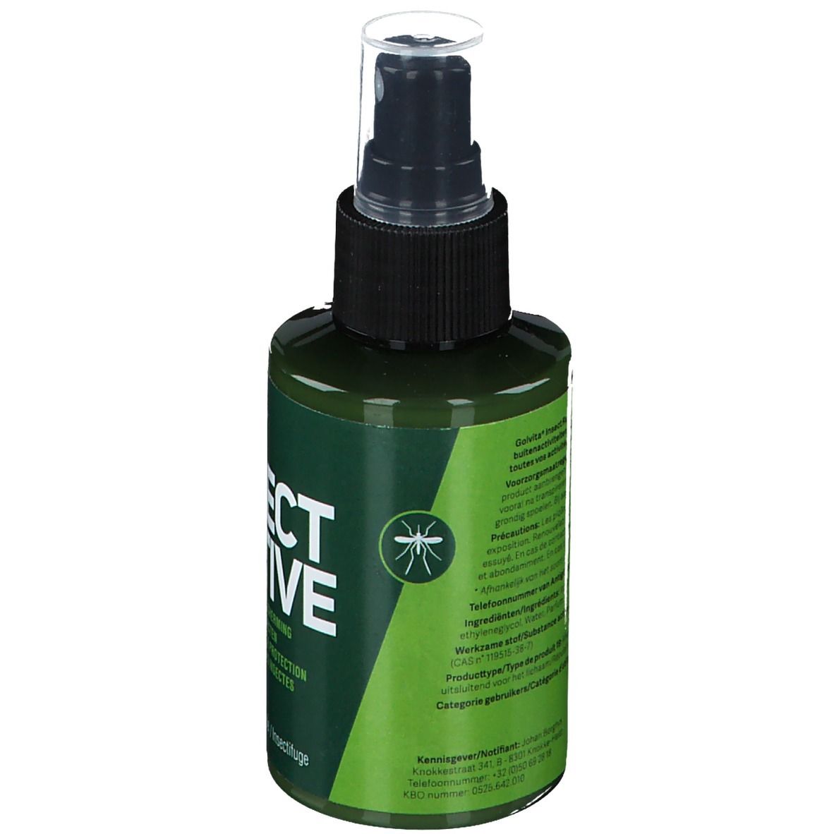 Achterkant van een groene fles. Tekstinformatie in meerdere talen. Afbeelding van een mug.