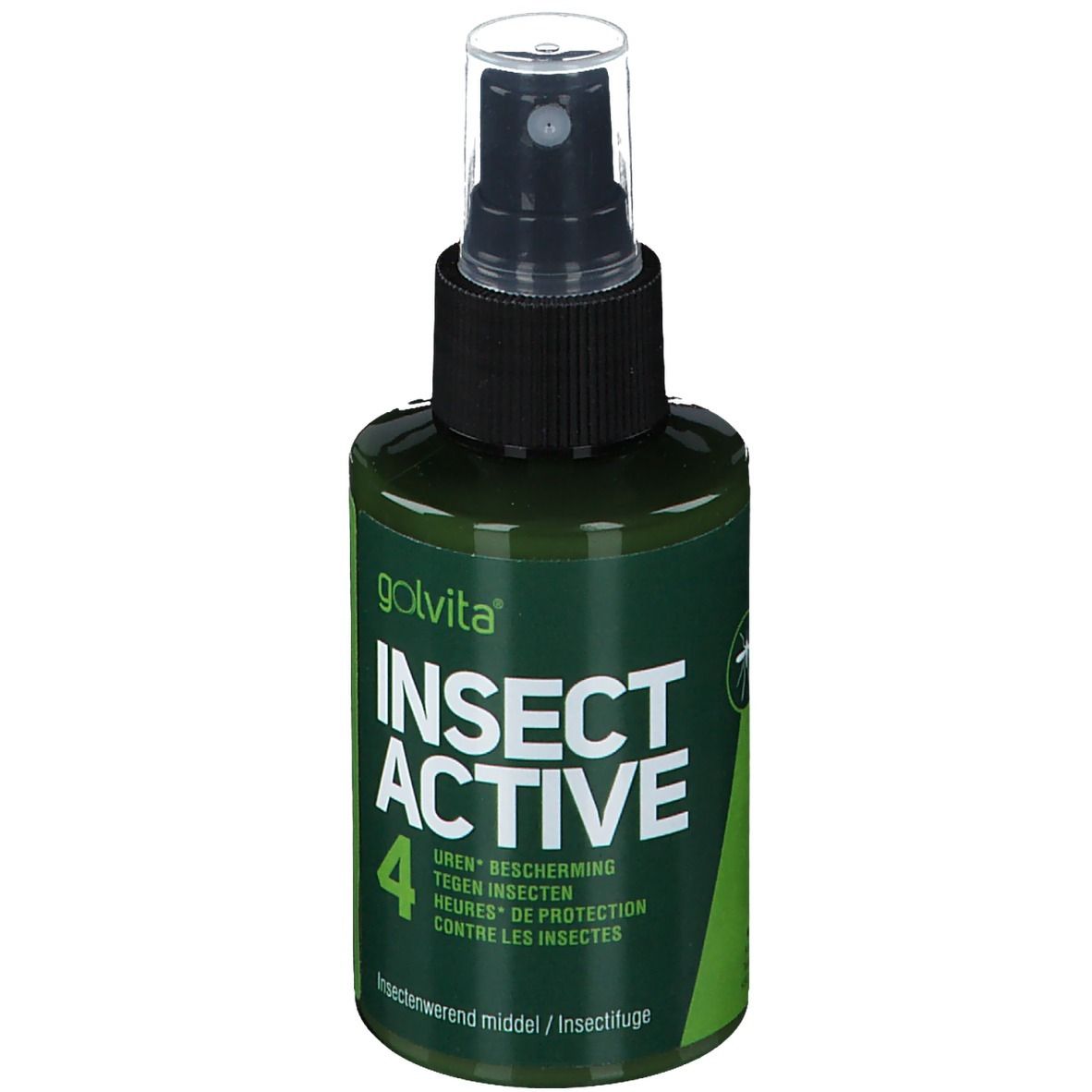 Groene fles met zwarte sproeikop. Opschrift: Golvita INSECT ACTIVE 4. Meertalige opschriften.