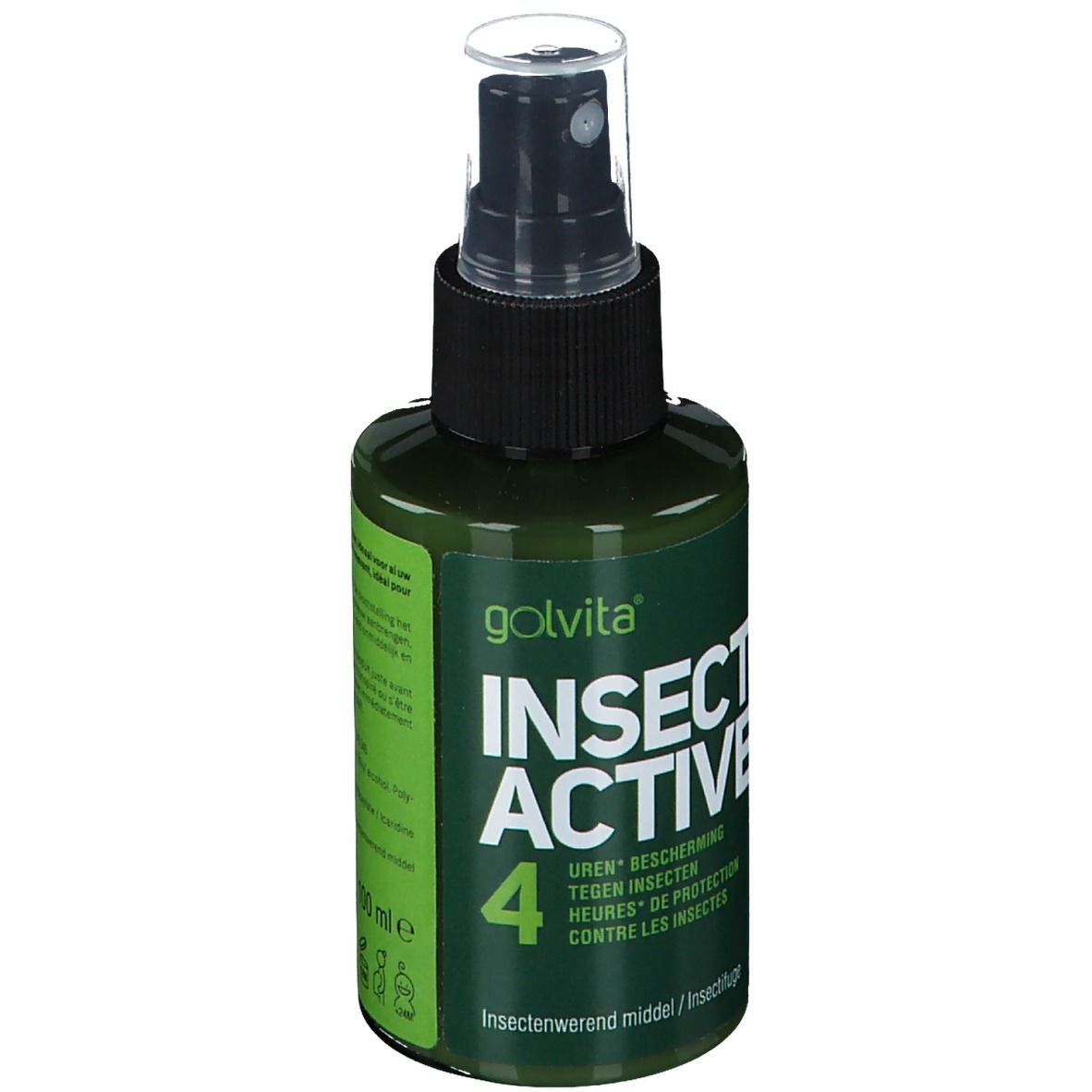 Groene fles met zwarte sproeikop. Opschrift: Golvita INSECT ACTIVE 4. Meertalige opschriften. 100 ml.